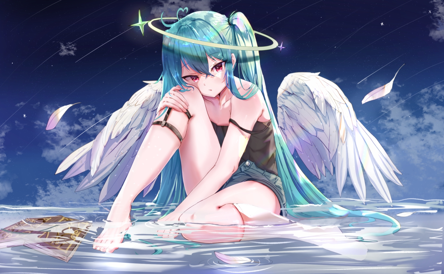angel, aqua_hair, barefoot, blush, book, clouds, feathers, halo, hatsune_miku, kneehighs, long_hair, merutoro10, no_bra, red_eyes, shorts, sky, stars, vocaloid, water, wings