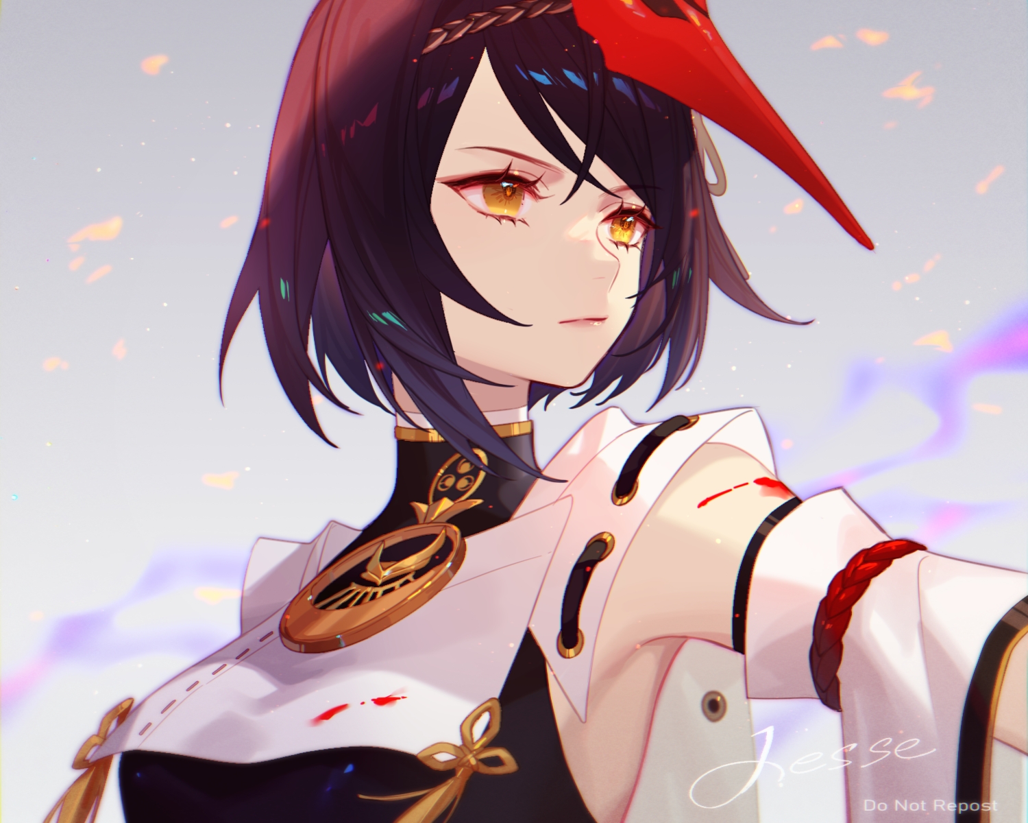 black_hair, blood, close, genshin_impact, gradient, gray, japanese_clothes, jesse_(pixiv34586727)