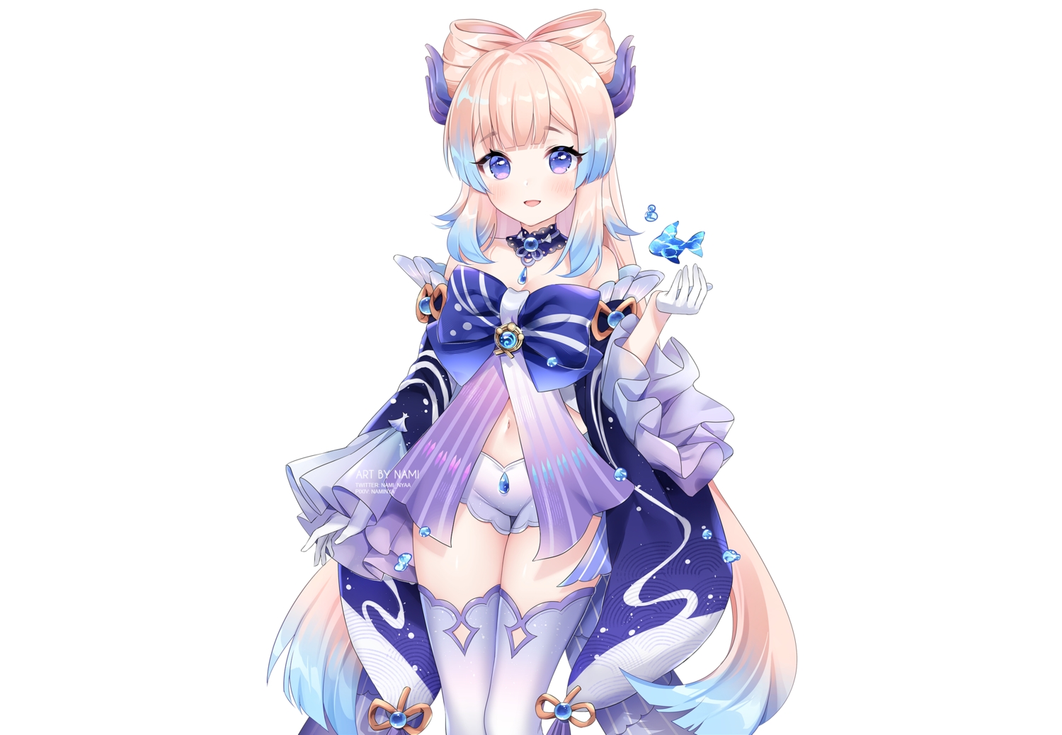 animal, blush, bow, breasts, choker, cleavage, fish, genshin_impact