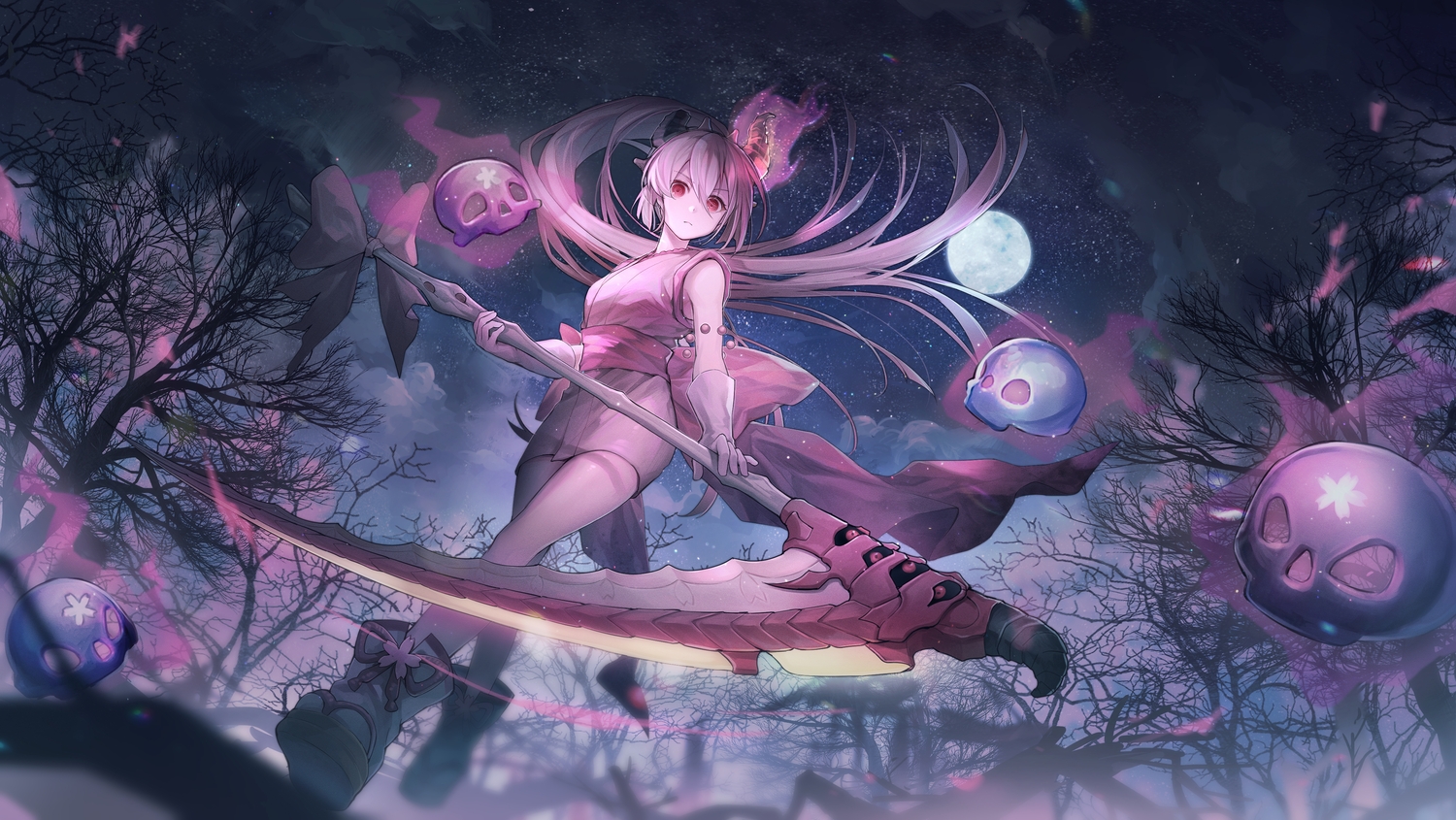 18_(backstreetno18), gloves, horns, japanese_clothes, long_hair, magic, moon, night, pointed_ears, ponytail, red_blossoms_from_underroot, red_eyes, scythe, skirt, skull, sky, socks, stars, tree, weapon, white_hair, yu-gi-oh