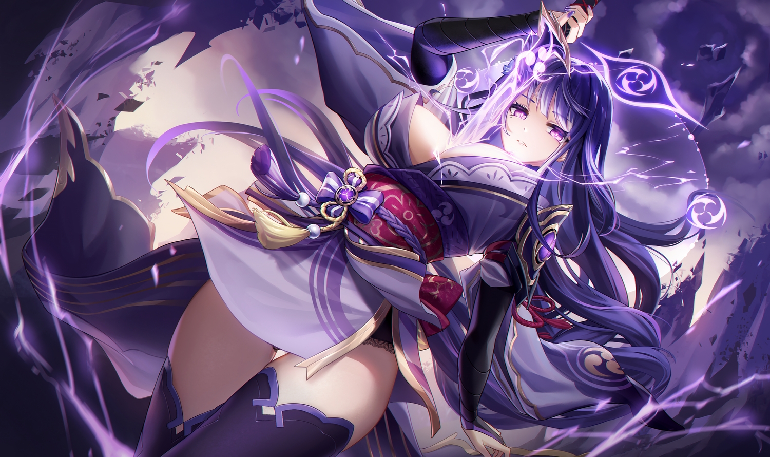 aliasing, clouds, genshin_impact, japanese_clothes, kimono, lalazyt, long_hair, purple_eyes, purple_hair, raiden_shogun, sky, sword, thighhighs, weapon