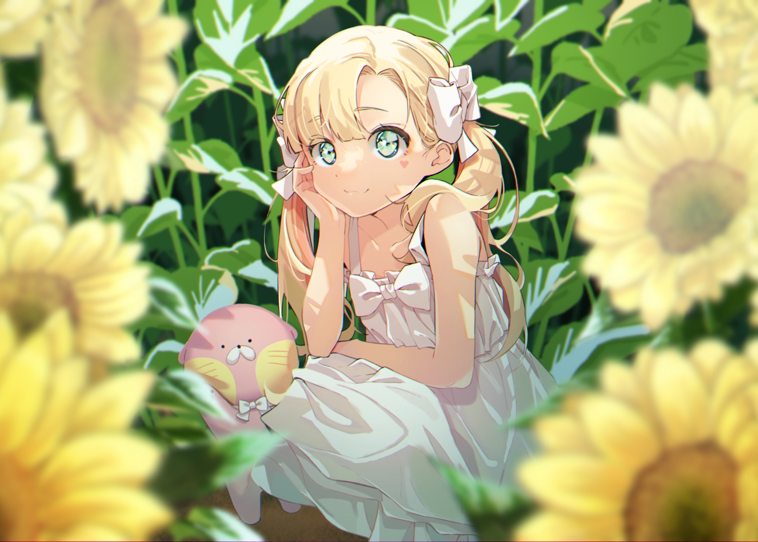 agnamore, blonde_hair, bow, cat_smile, dress, flowers, green_eyes, loli