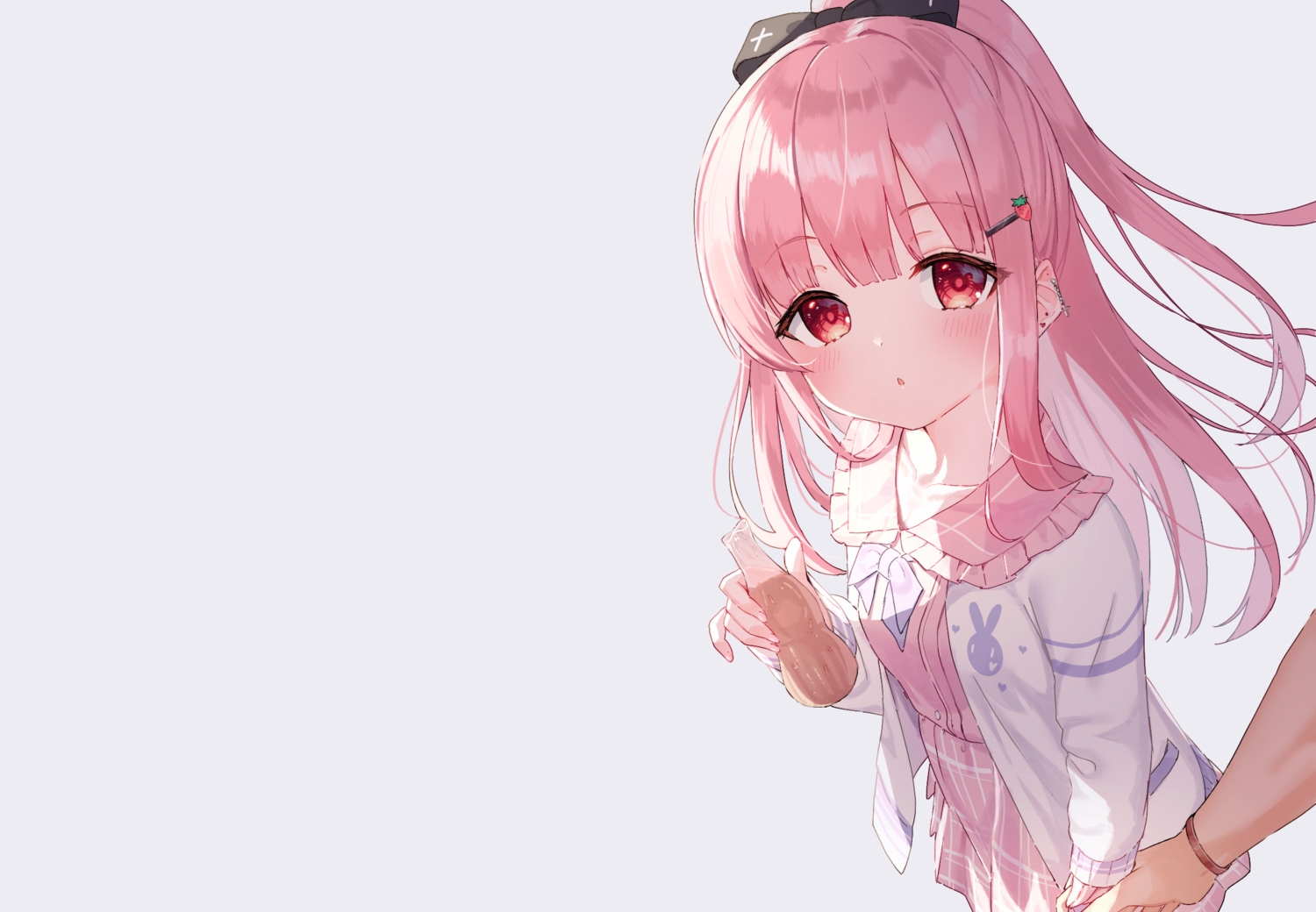 blush, bow, candy, drink, gray, long_hair, original, pink_hair