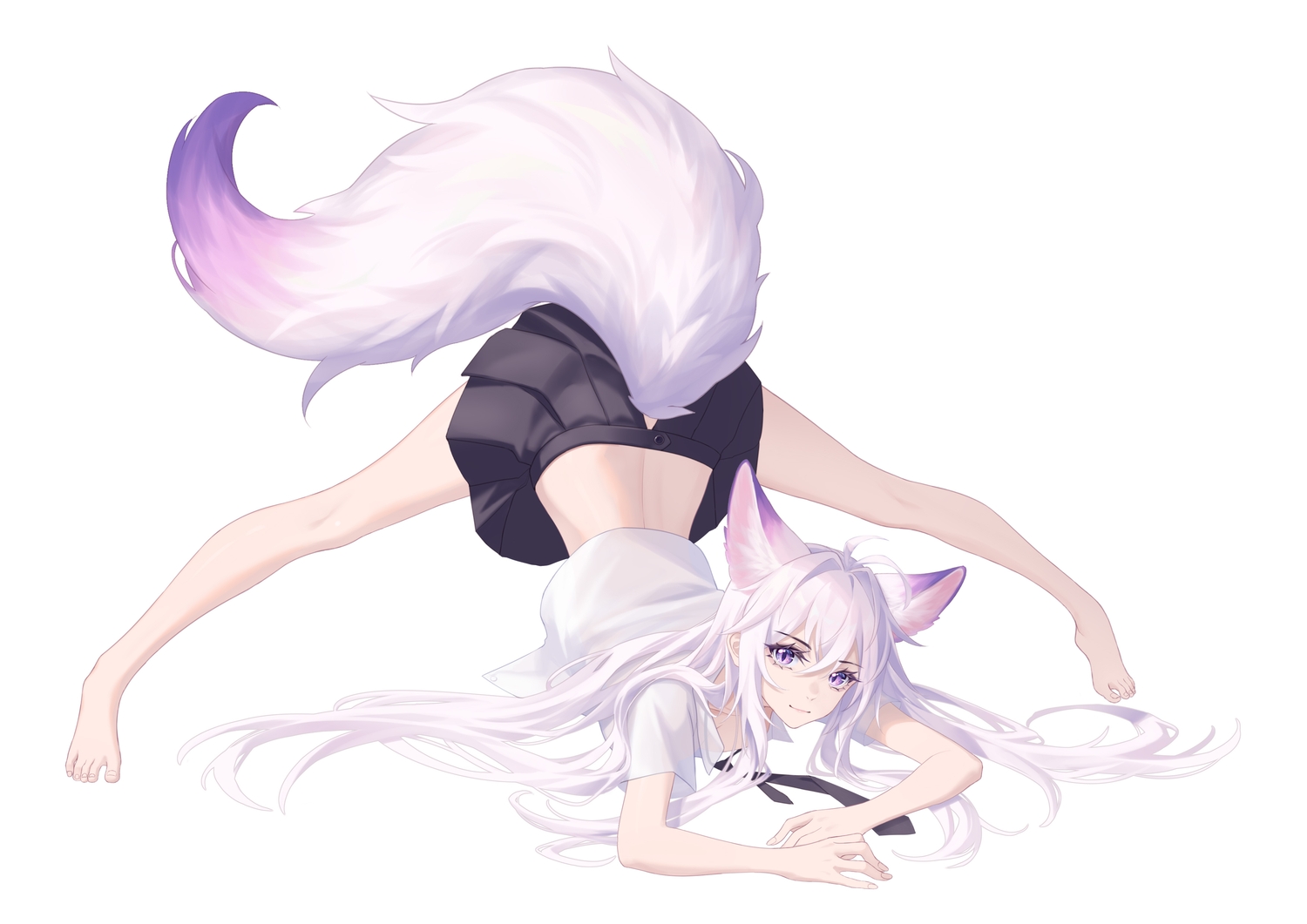 animal_ears, barefoot, foxgirl, long_hair, luo_shun_yao, meng_xi_xuan, open_shirt, original