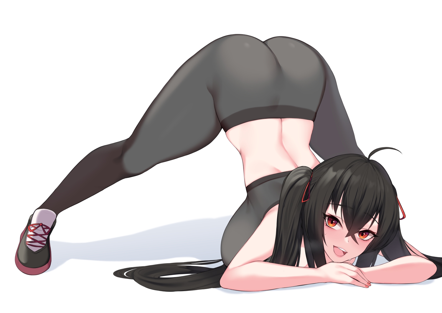 anthropomorphism, ass, azur_lane, black_hair, bra, breasts, kuavera, long_hair, parody, red_eyes, spread_legs, taihou_(azur_lane), twintails, underwear, white