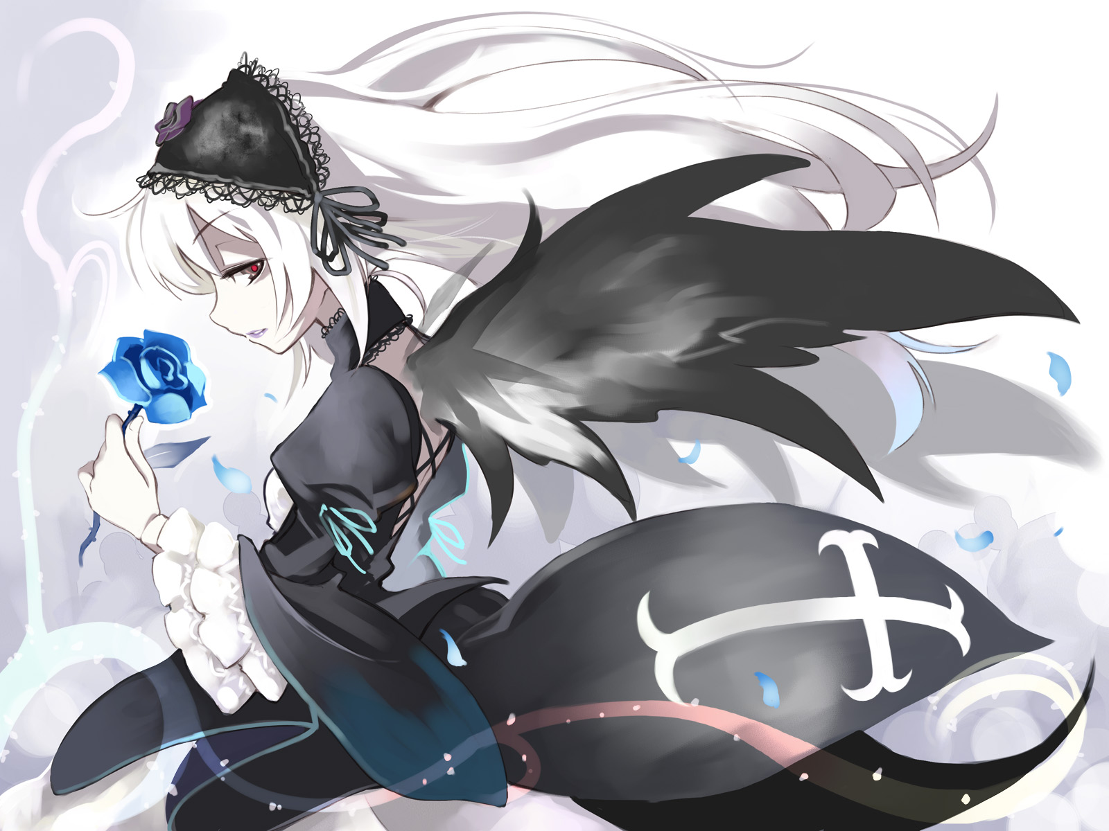 doll, dress, flowers, gothic, goth-loli, gray_hair, lolita_fashion, long_hair