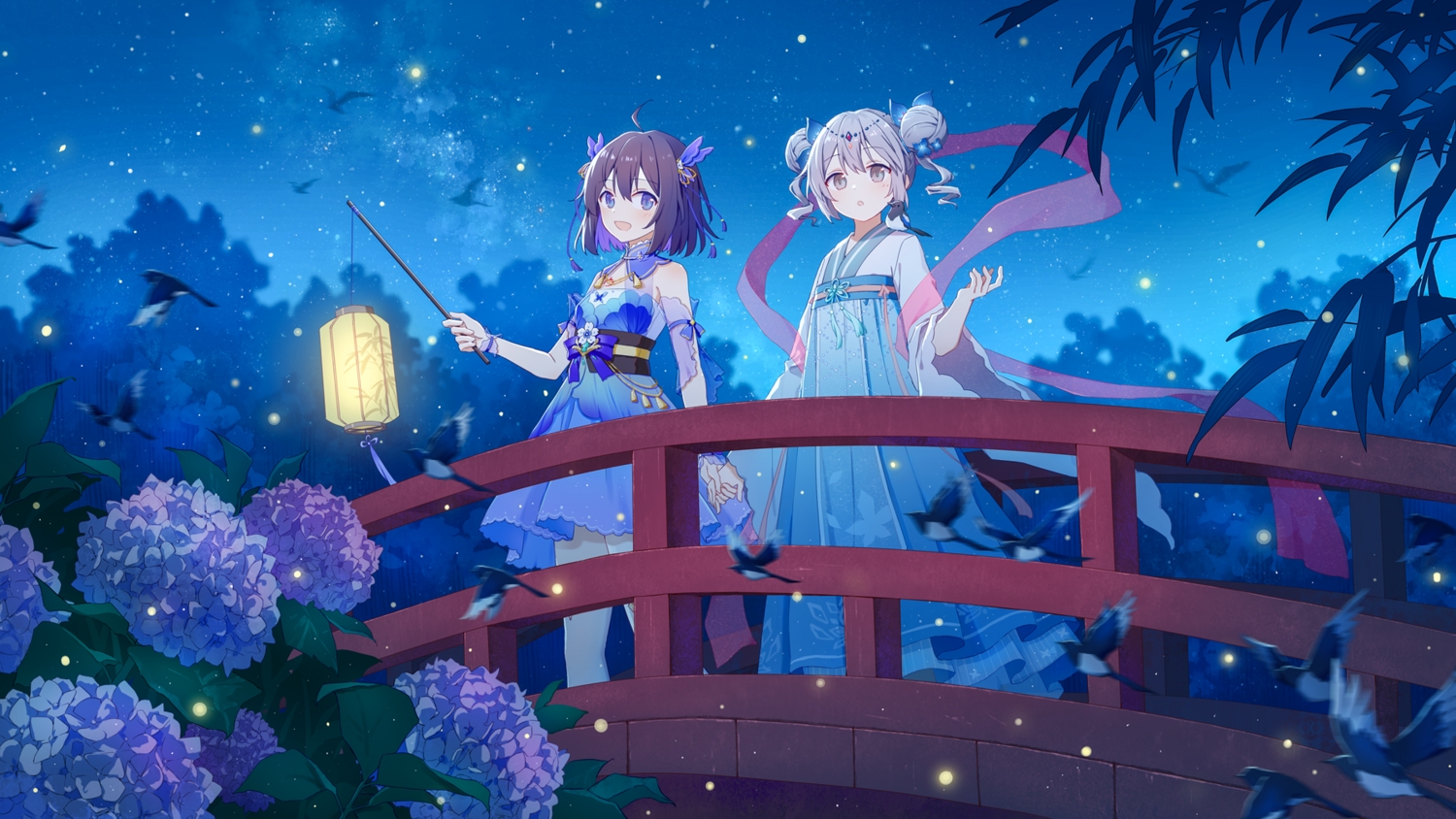 2girls, animal, bird, bronya_zaychik, brown_hair, chinese_clothes, dress, flowers
