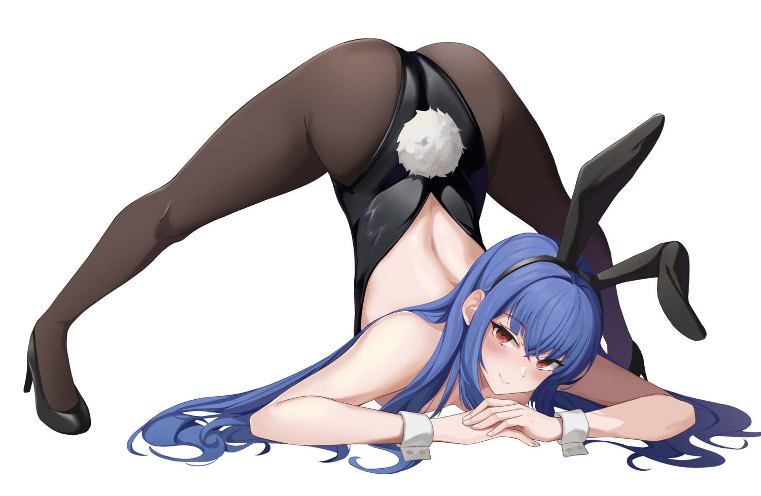 animal_ears, ass, blue_hair, bunny_ears, bunnygirl, headband, leotard, no_bra, pantyhose, pharamacom, red_eyes, spread_legs, tail, white, wristwear