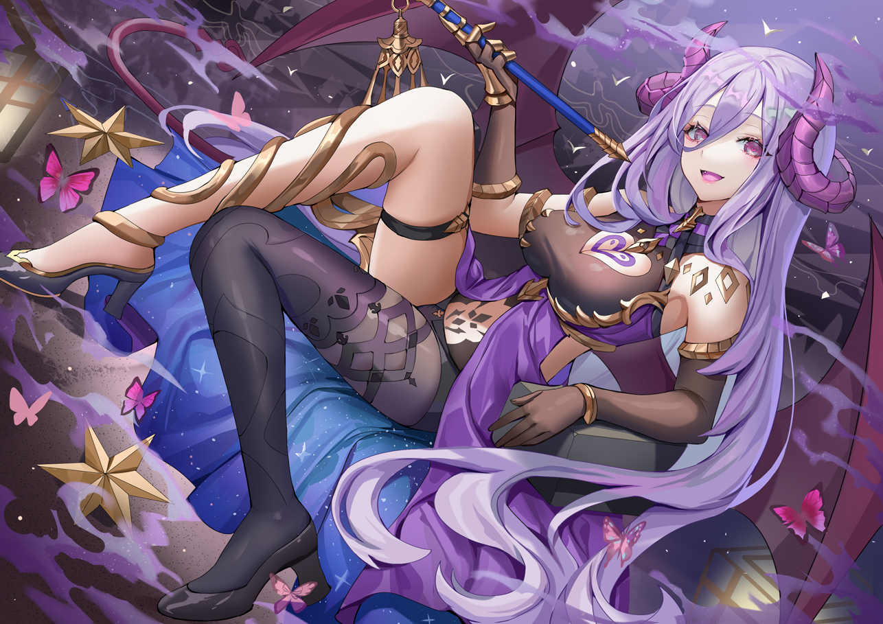 breasts, butterfly, catherine_(masterwork_apocalypse), cleavage, elbow_gloves, fang, garter, gloves, horns, leotard, lloule, long_hair, masterwork_apocalypse, purple_eyes, purple_hair, tail, wings