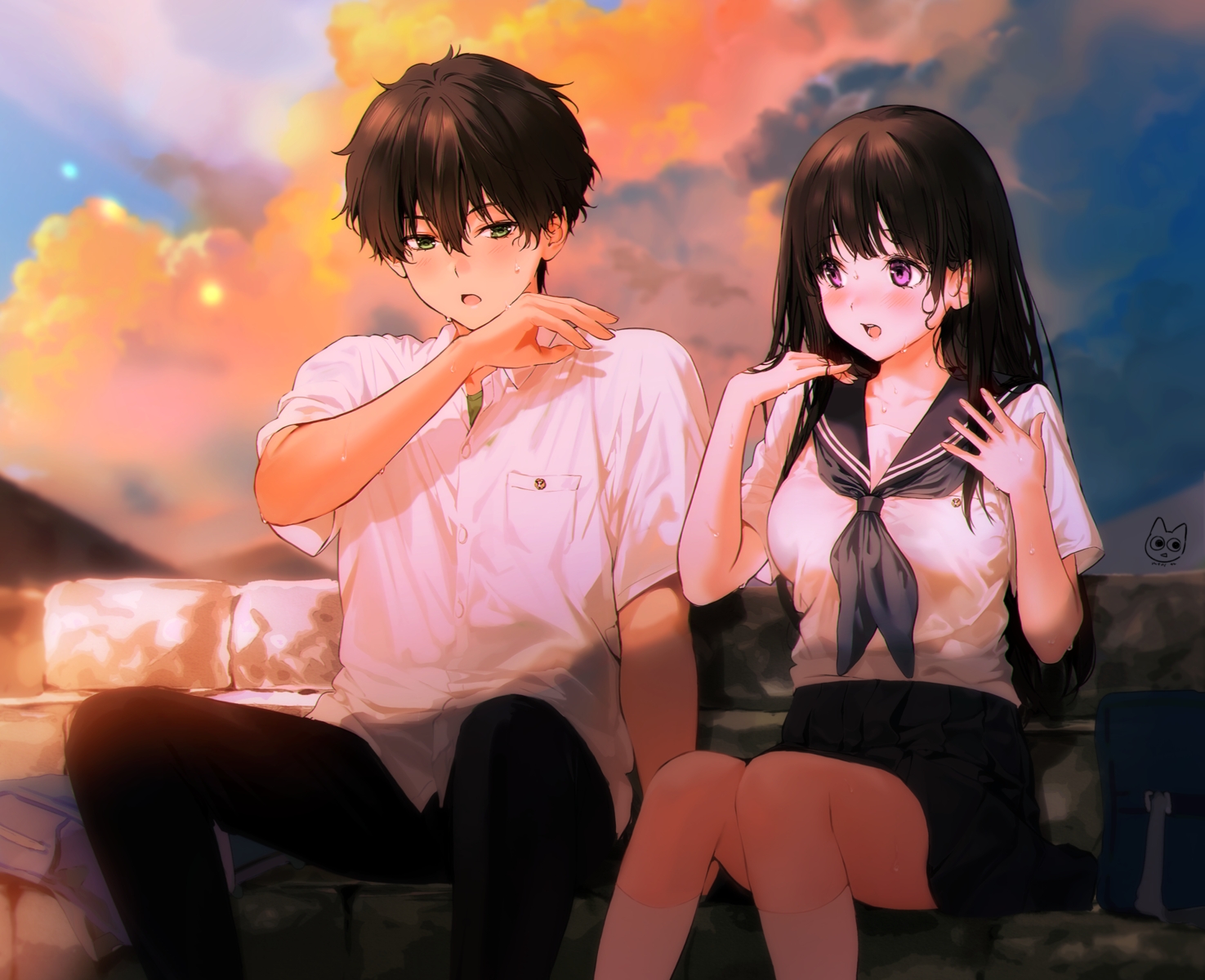 black_hair, blush, chitanda_eru, clouds, cropped, green_eyes, hyouka, kneehighs