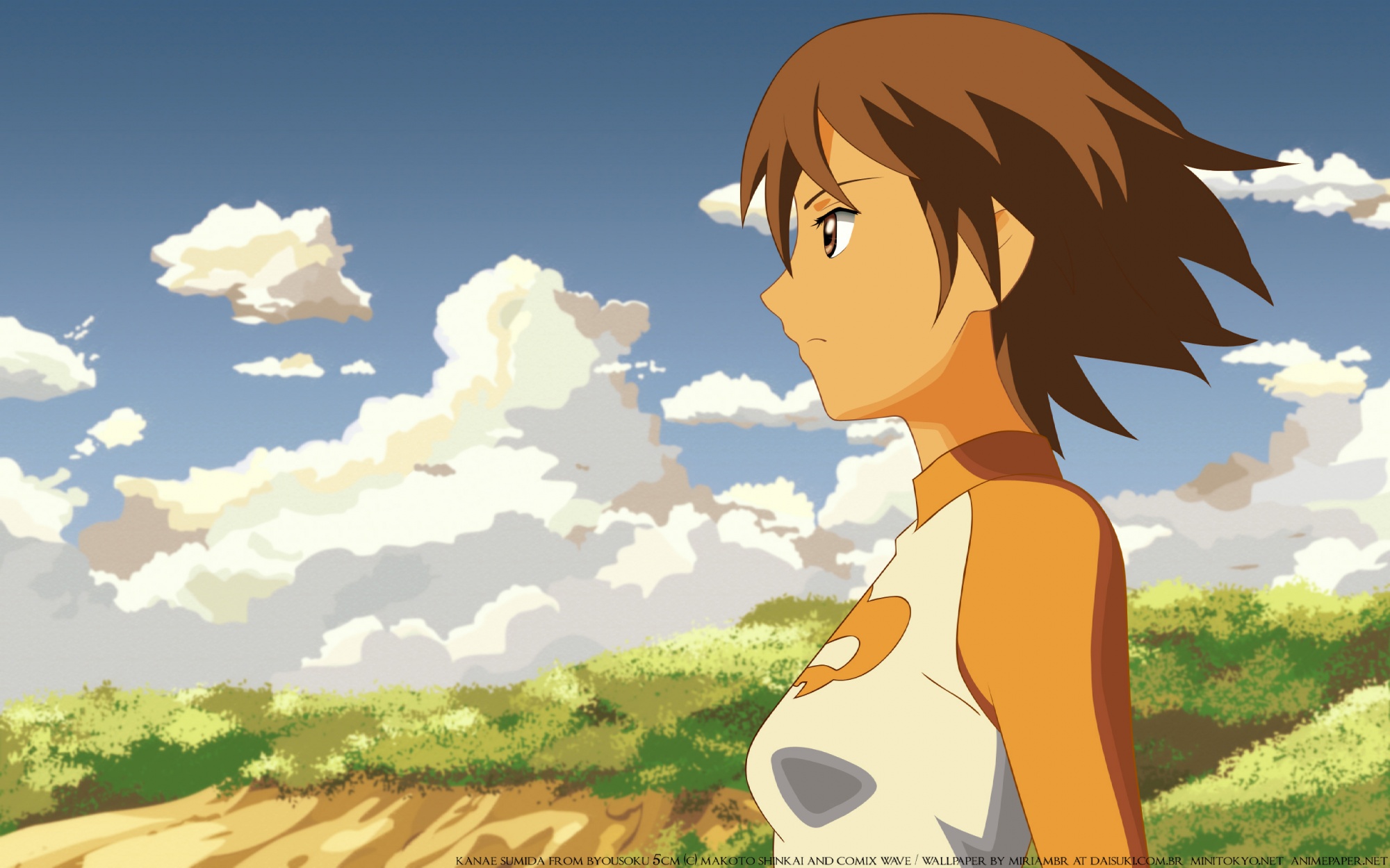 brown_eyes, brown_hair, byousoku_5_centimetre, clouds, shinkai_makoto, short_hair, sky, sumida_kanae