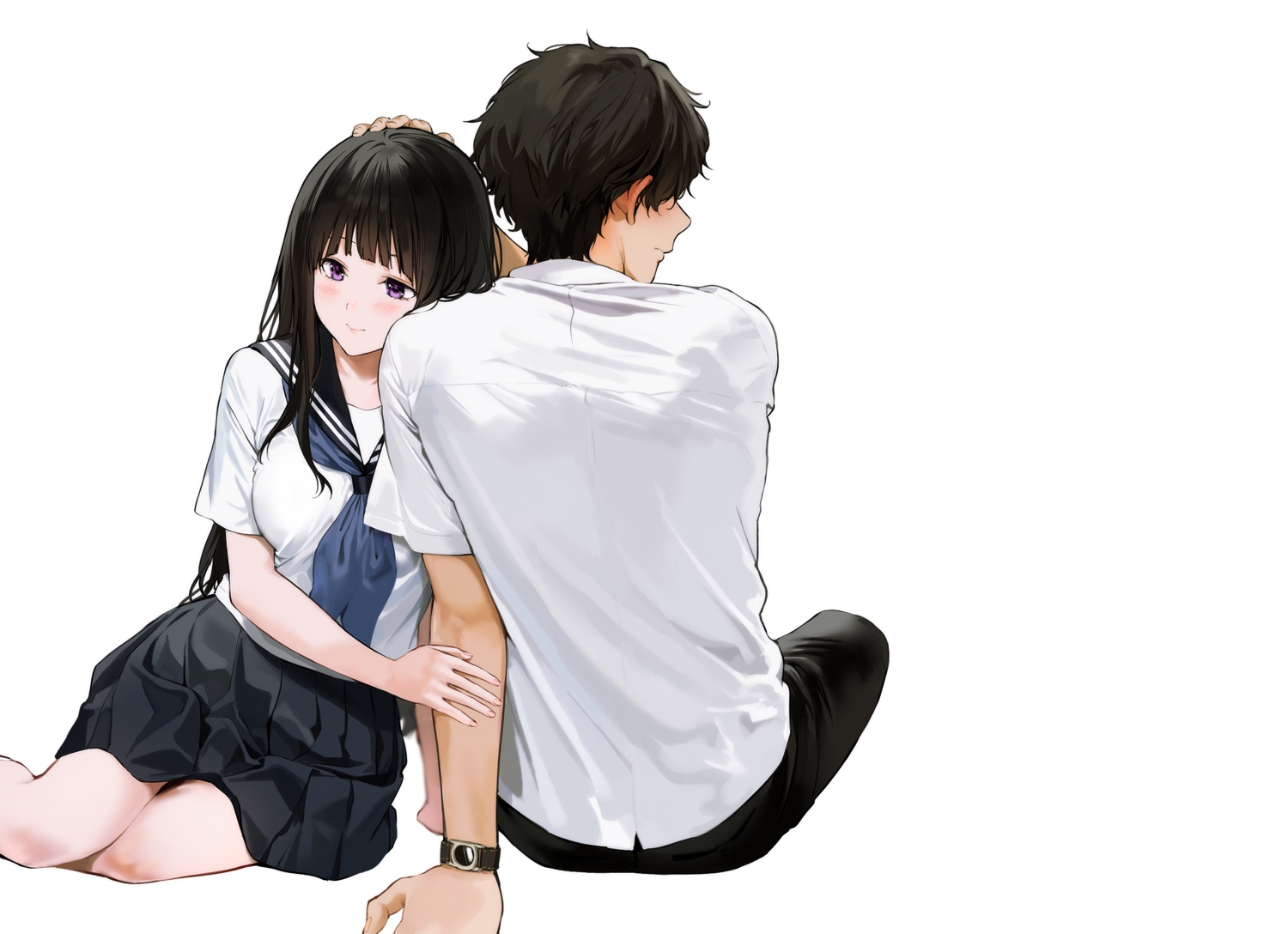 black_hair, blush, chitanda_eru, hug, hyouka, long_hair, male, mery_(apfl0515)