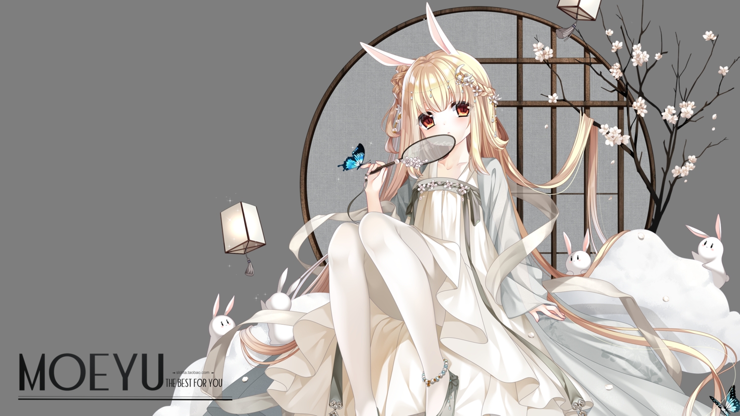 animal, animal_ears, bunny_ears, bunnygirl, butterfly, dress, fan, flowers