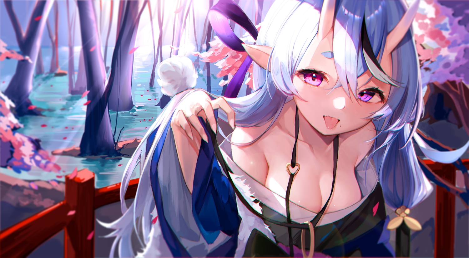 aliasing, breasts, cleavage, demon, fang, forest, gray_hair, horns