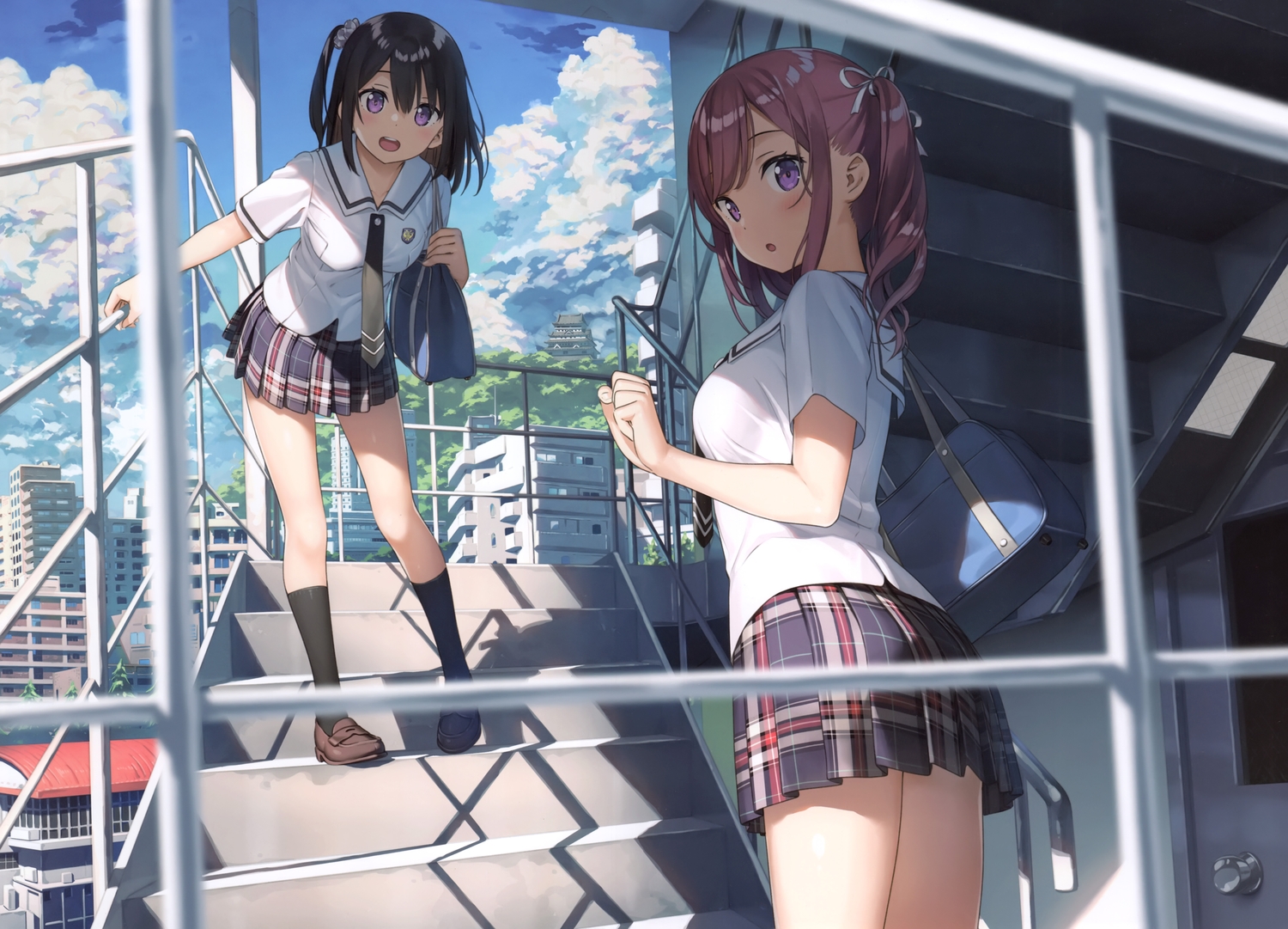 2girls, black_hair, blush, building, city, clouds, kantoku, kneehighs, kurumi_(kantoku), original, purple_eyes, purple_hair, scan, school_uniform, shizuku_(kantoku), skirt, sky, stairs, twintails