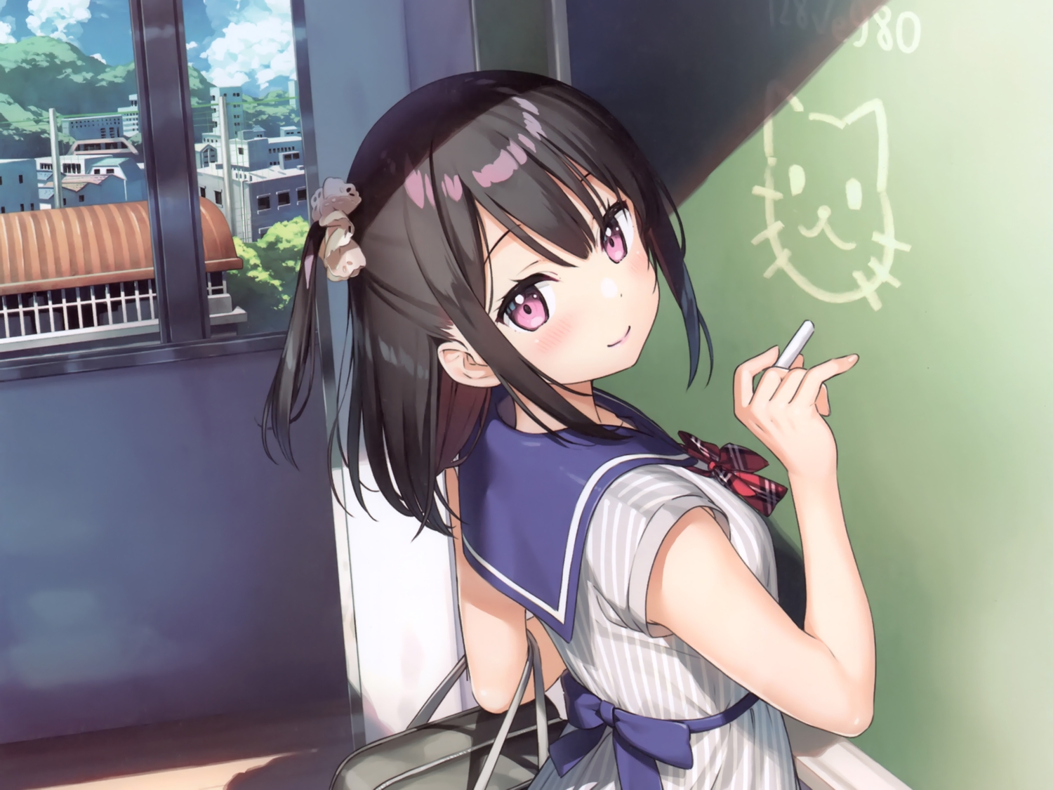 black_hair, cropped, kantoku, original, purple_eyes, scan, school_uniform, shizuku_(kantoku)