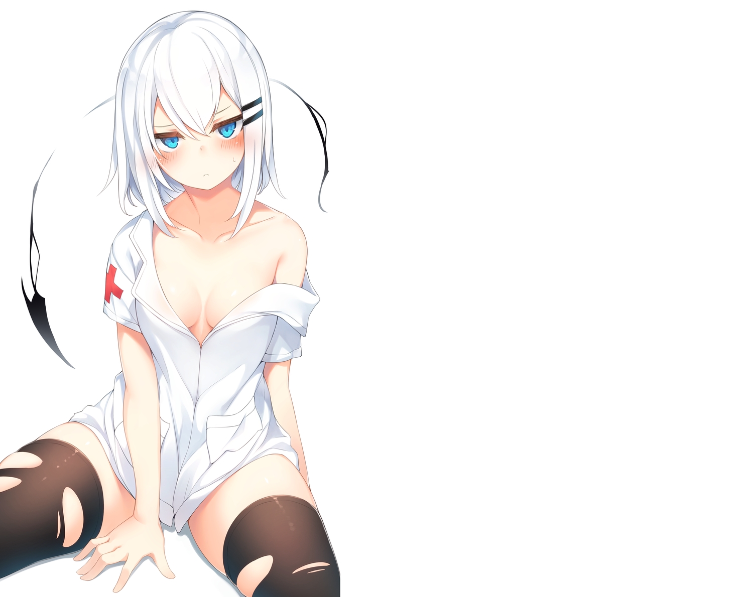 aqua_eyes, blush, breasts, cleavage, no_bra, nurse, original, otokuyou, ringo-chan_(otokuyou), short_hair, thighhighs, torn_clothes, uniform, white, white_hair, zettai_ryouiki