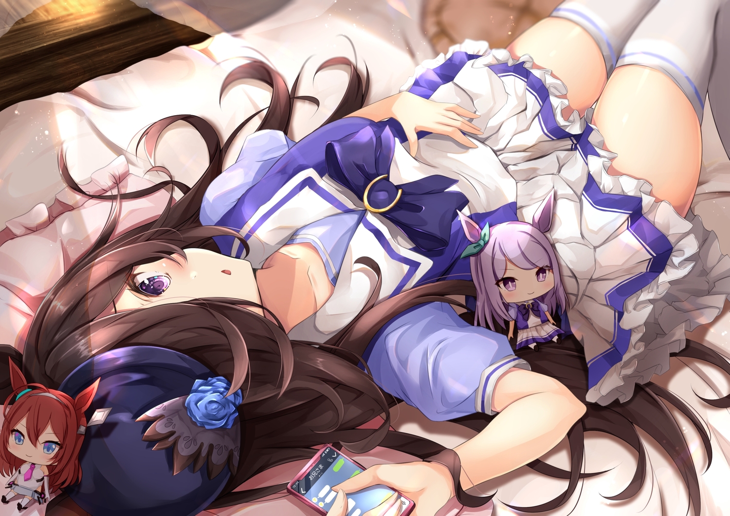 animal_ears, anthropomorphism, bed, brown_hair, chibi, dress, hat, long_hair, phone, purple_eyes, rice_shower_(umamusume), rumiko_(rmeco), school_uniform, thighhighs, uma_musume:_pretty_derby, zettai_ryouiki