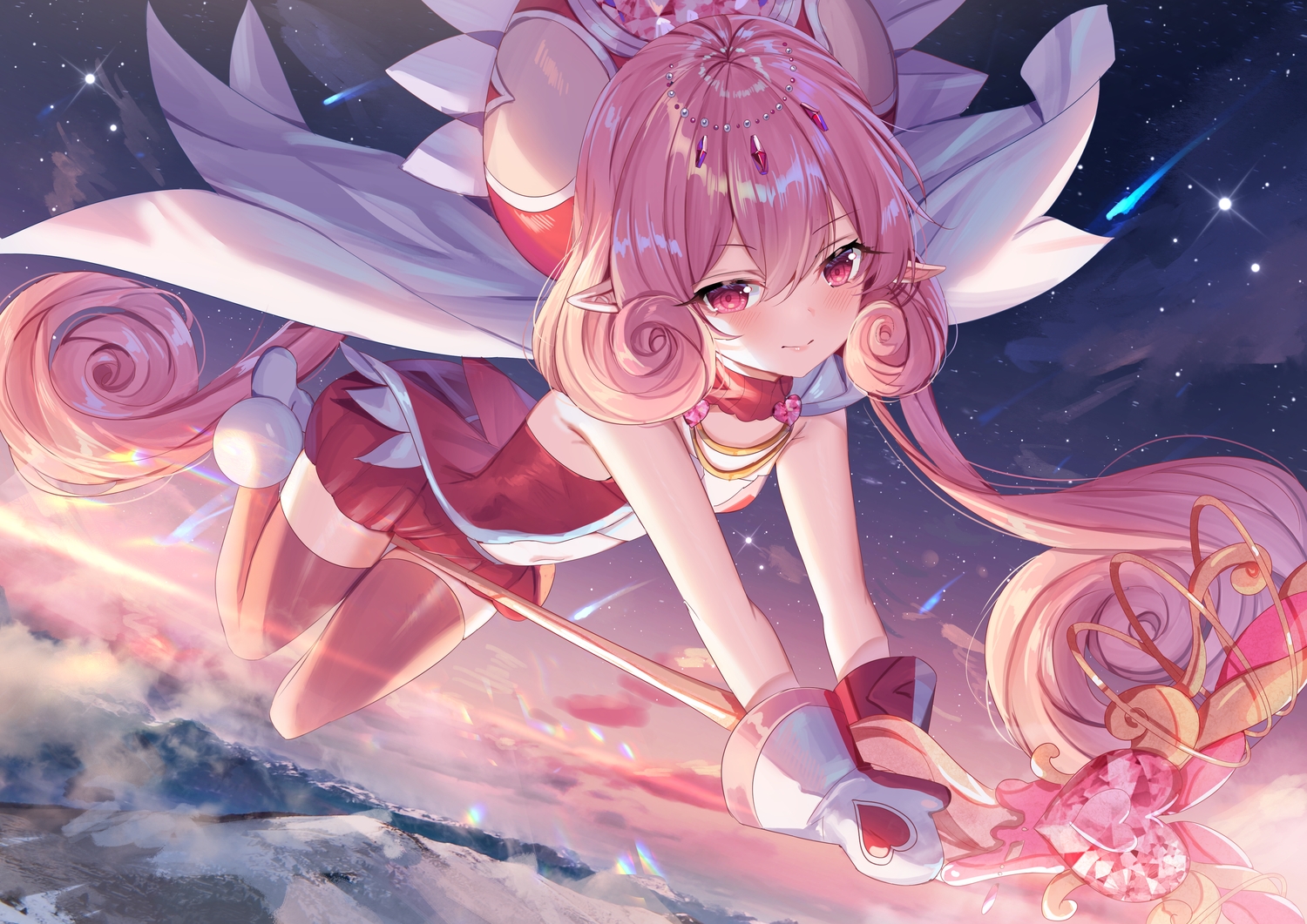 cape, clouds, long_hair, pink_eyes, pink_hair, pointed_ears, princess_connect!, shanguier, sky, stars, thighhighs, twintails, utsushimi_neneka