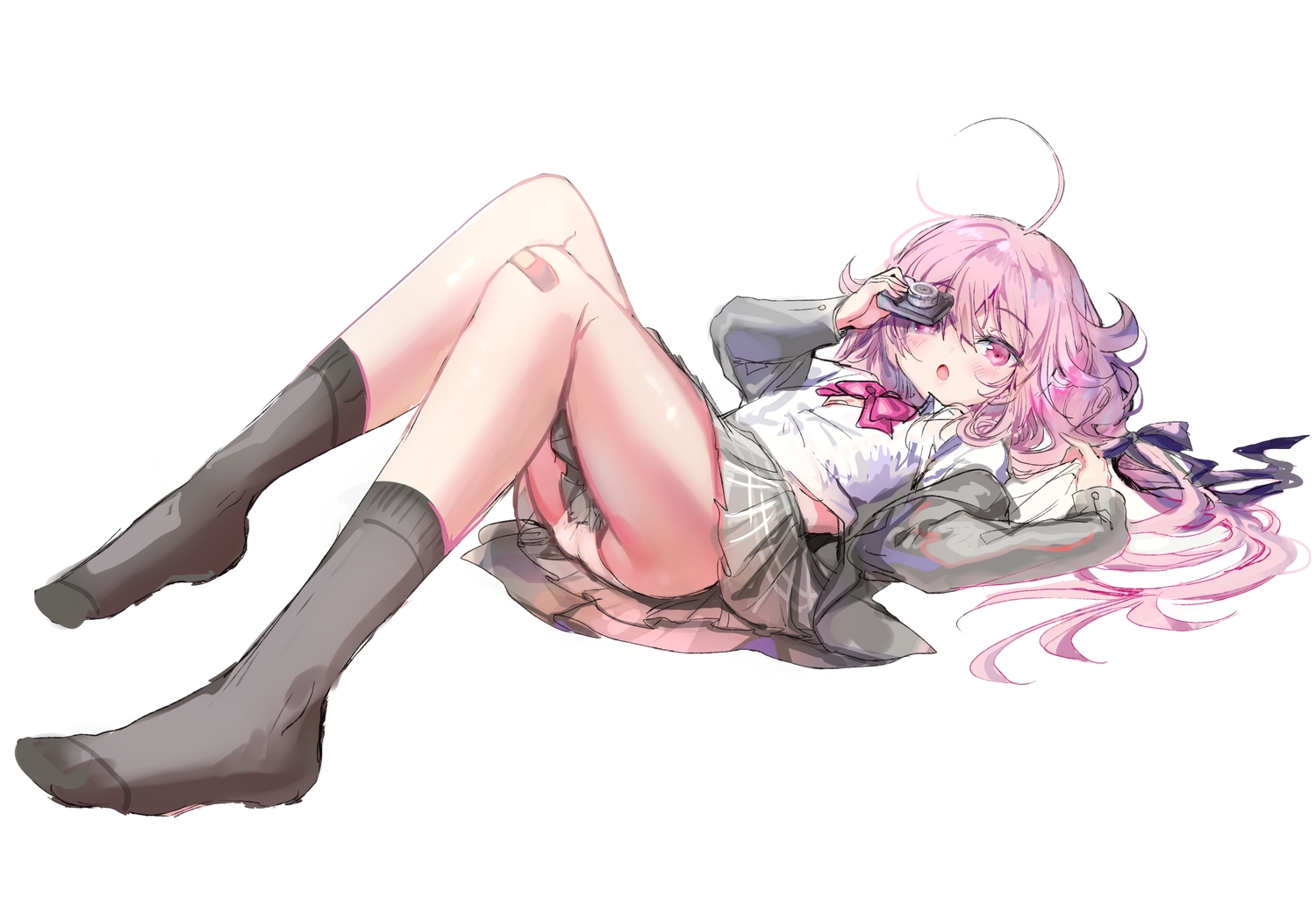 bandaid, bow, camera, long_hair, original, panties, pink_hair, school_uniform