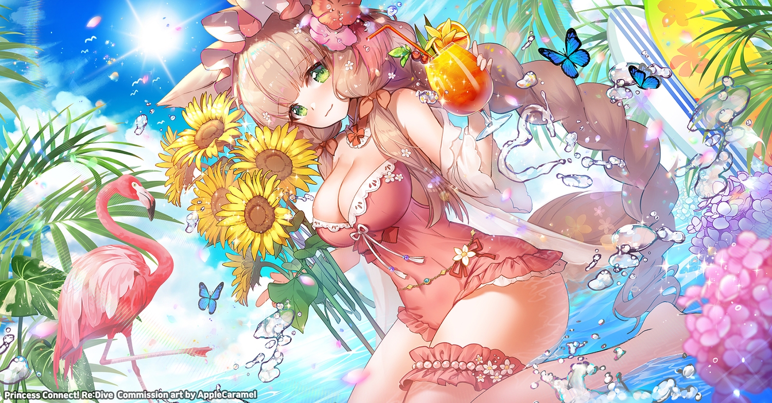 animal, animal_ears, applecaramel_(acaramel), bird, blush, braids, breasts, brown_hair, butterfly, cat_smile, cleavage, clouds, drink, flowers, foxgirl, green_eyes, himemiya_maho, long_hair, ponytail, princess_connect!, sky, sunflower, swimsuit, tail, twintails, water, watermark