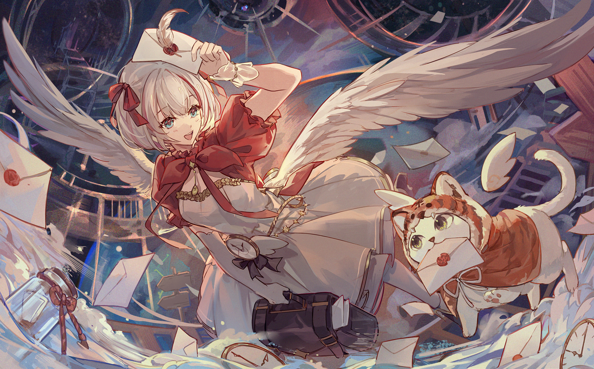 animal, aozora_kurumi, cat, csyday, dress, gray_hair, paper, short_hair, wings