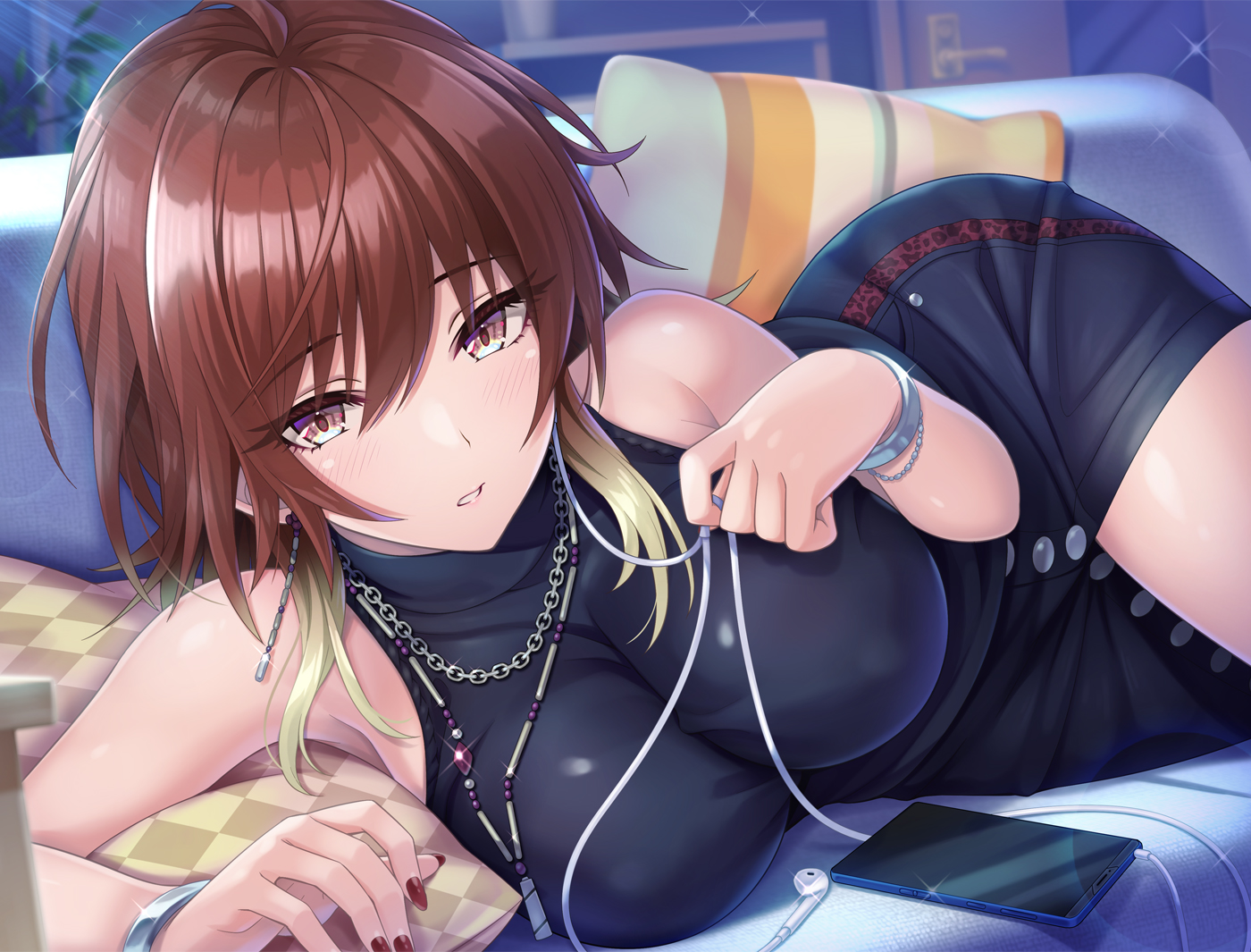 aketa_mikoto, breasts, brown_eyes, brown_hair, couch, headphones, idolmaster, idolmaster_shiny_colors, long_hair, necklace, phone, skirt, urabi_(tomatohouse)