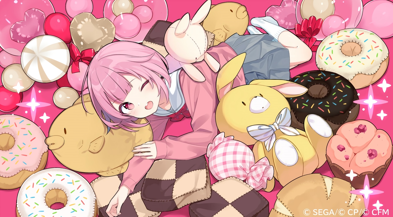 bunny, kiya_machi, kneehighs, ootori_emu, pink_eyes, pink_hair, project_sekai, school_uniform, short_hair, skirt, socks, vocaloid, waifu2x, wink
