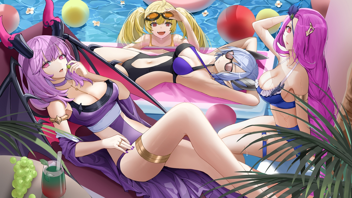 akashic_chronicle, alice_(akashic_chronicle), bikini, group, layla_(akashic_chronicle), lesley_(akashic_chronicle), lloule, long_hair, sunglasses, swimsuit, tagme_(character), twintails, water
