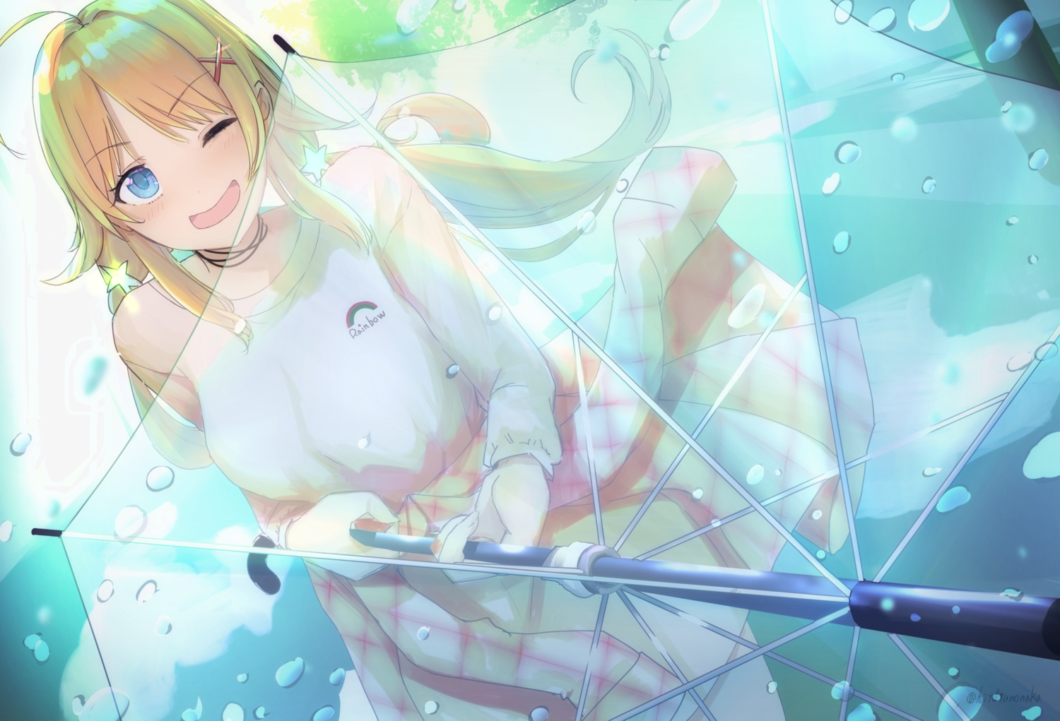 blonde_hair, hachimiya_meguru, hitotu_no_naka, idolmaster, idolmaster_shiny_colors, umbrella, wink