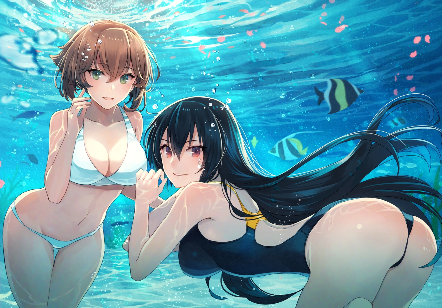 2girls, anthropomorphism, ass, bikini, kantai_collection, kasumi_(skchkko), mutsu_(kancolle), nagato_(kancolle)