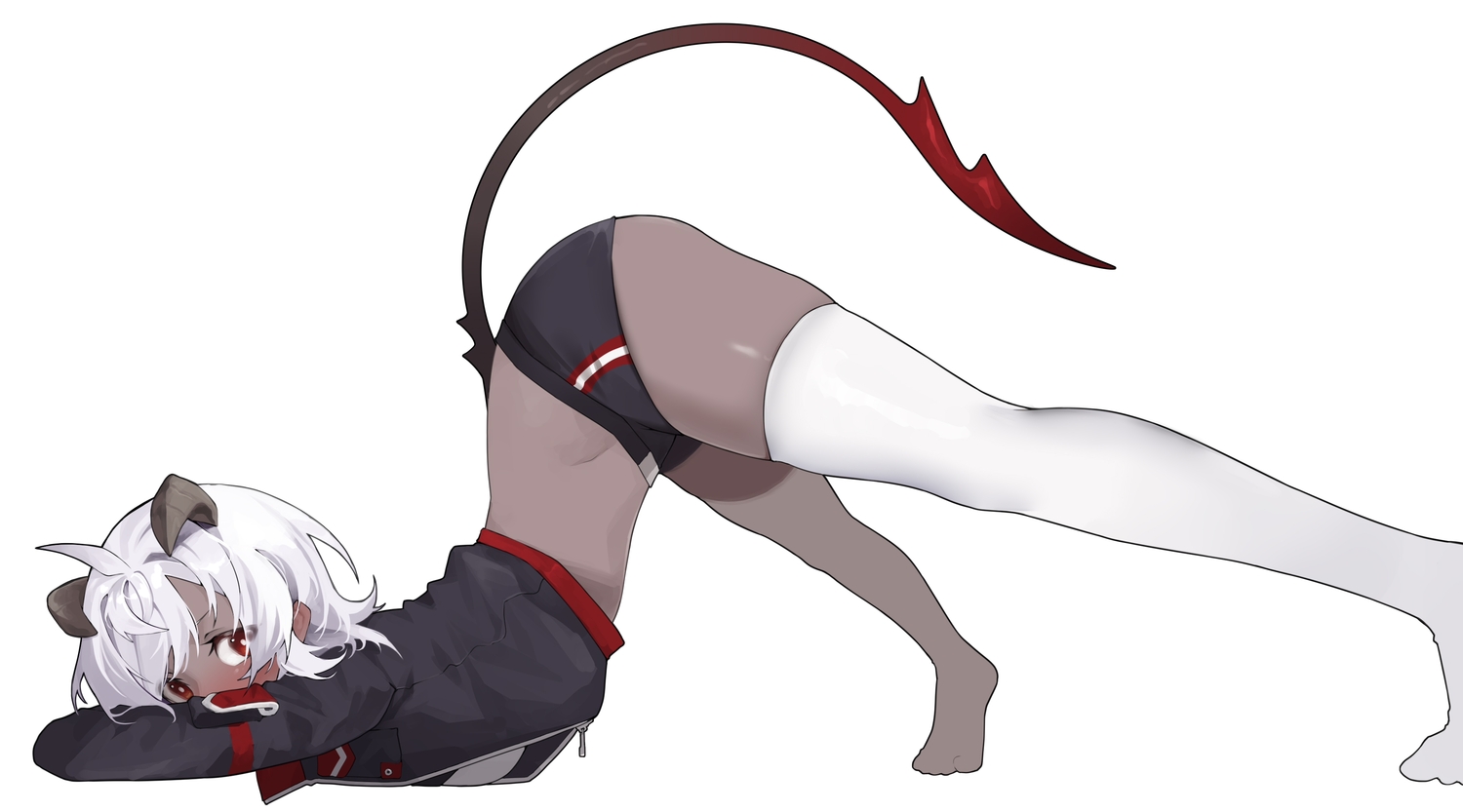 dark_skin, horns, no.1_machine, original, parody, red_eyes, short_hair, shorts, tail, thighhighs, uniform, white, white_hair