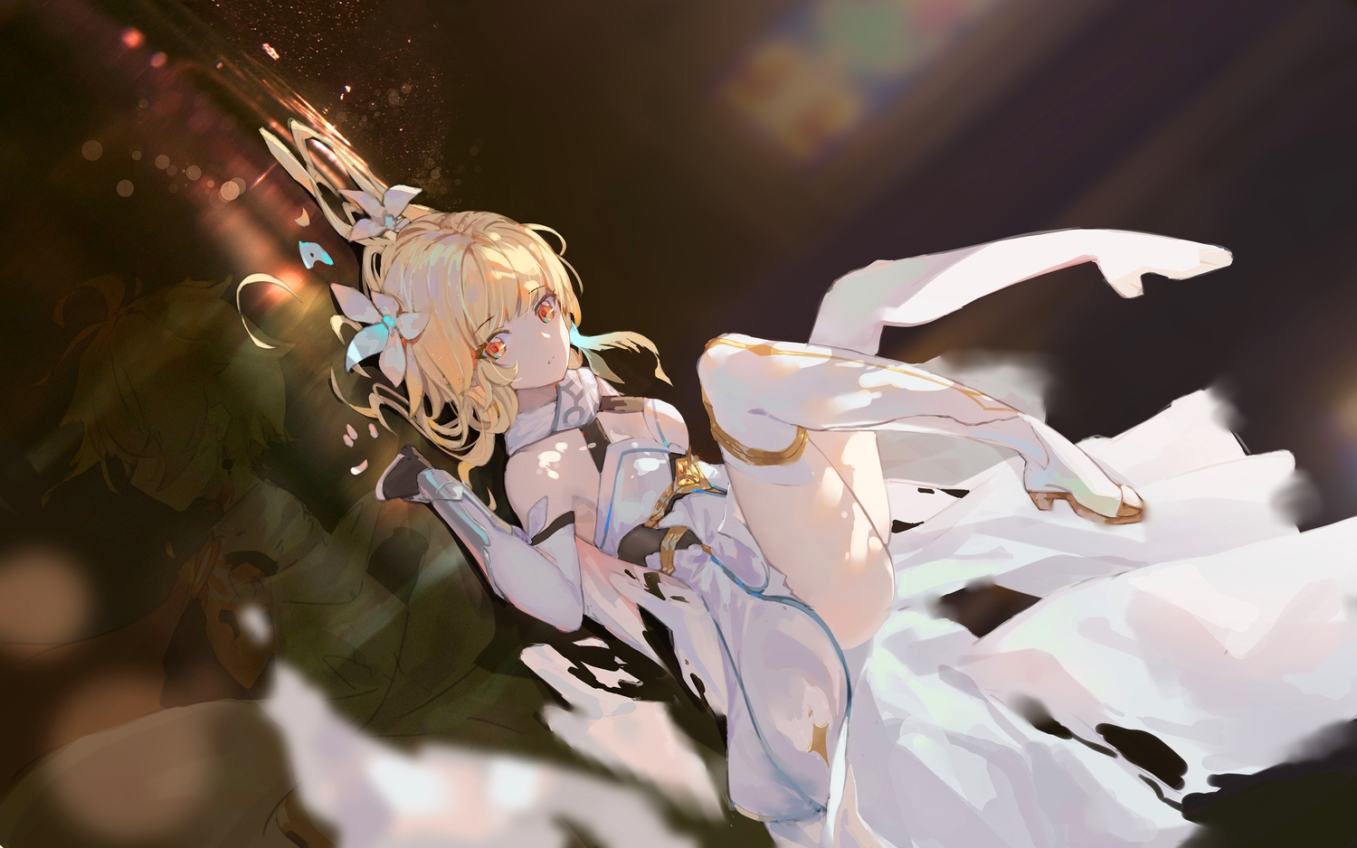 aether_(genshin_impact), asa_ni_haru, blonde_hair, dress, genshin_impact, lumine_(genshin_impact), male, orange_eyes