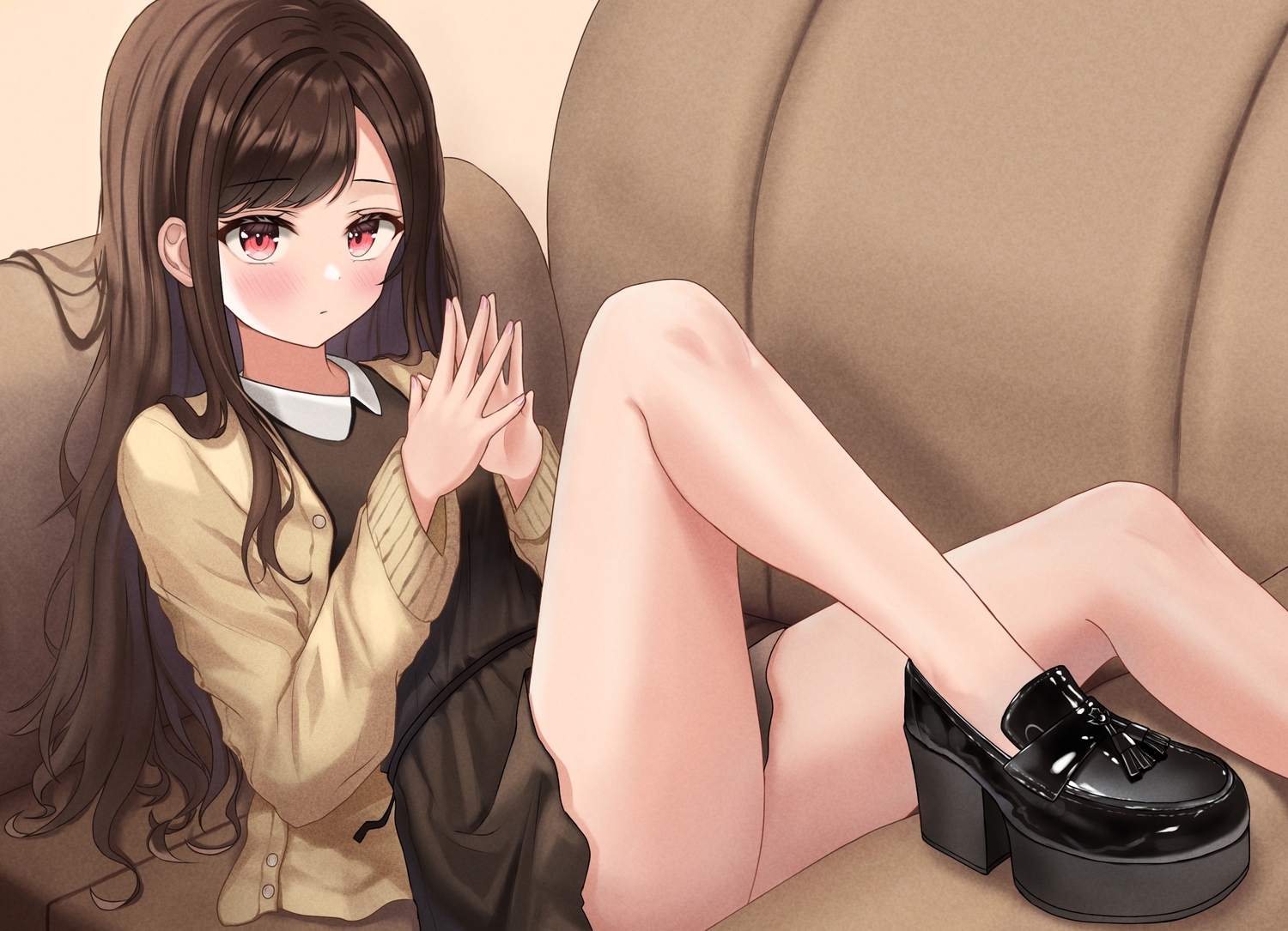 blush, brown_hair, couch, dress, long_hair, original, red_eyes, ttusee5