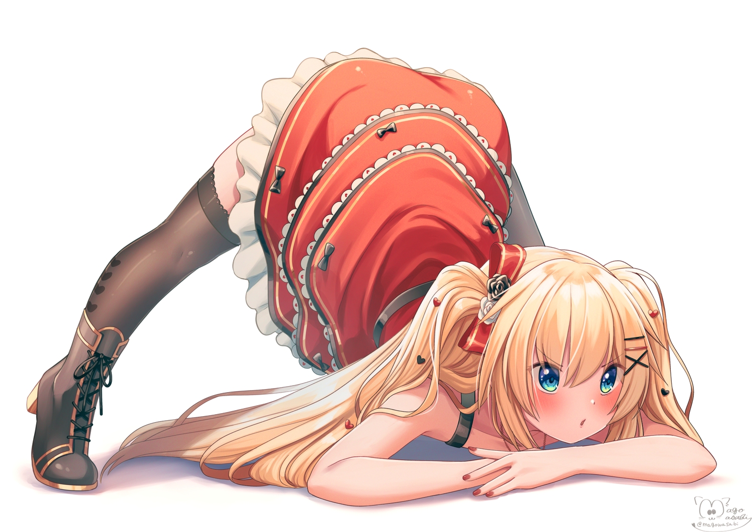 akai_haato, aqua_eyes, blonde_hair, blush, boots, bow, hololive, lolita_fashion