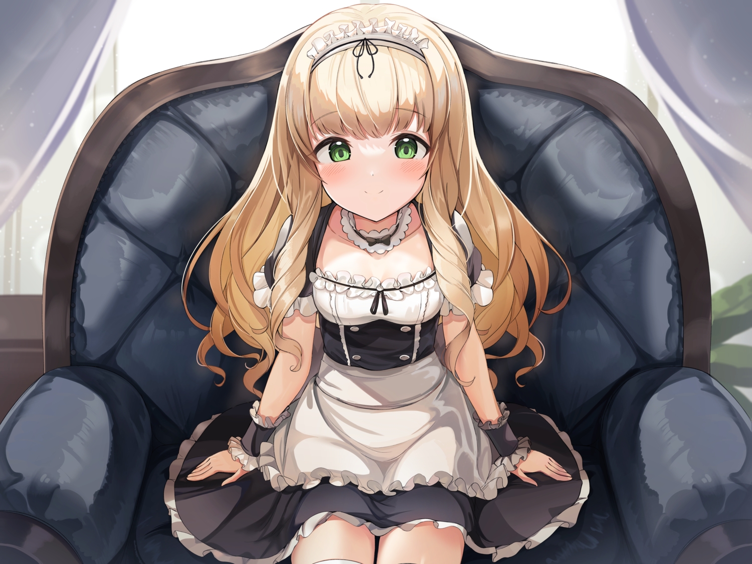 apron, blonde_hair, blush, choker, couch, green_eyes, headband, j_young, loli, long_hair, maid, original, thighhighs, wristwear