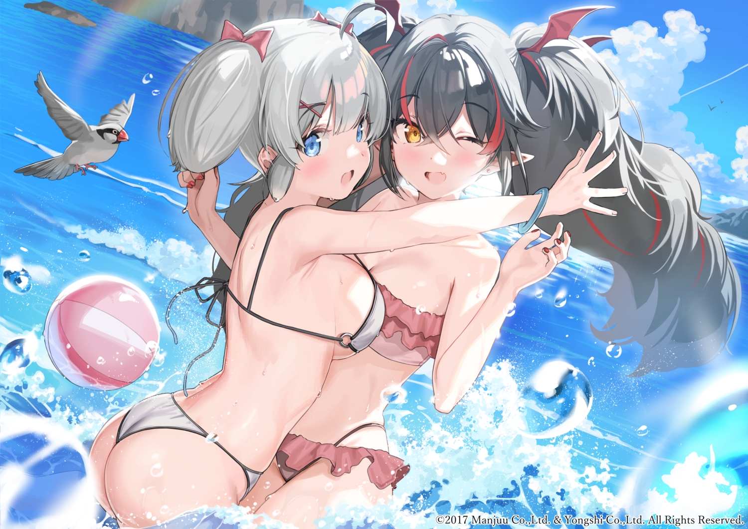 2girls, animal, anthropomorphism, ass, azur_lane, bikini, bird, black_hair, blue_eyes, clouds, gray_hair, hug, kanzarin_(hoochikiss), long_hair, pointed_ears, sky, swimsuit, twintails, water, wink, z24_(azur_lane), z28_(azur_lane)