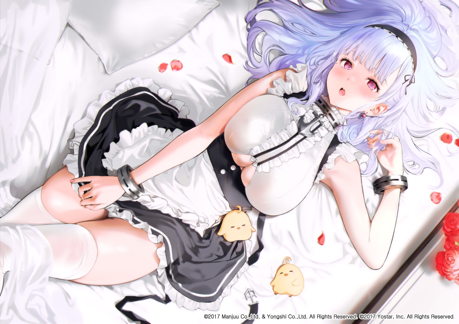 animal, anthropomorphism, azur_lane, bed, bird, blush, dido_(azur_lane), flowers, gray_hair, headband, long_hair, maid, manjuu_(azur_lane), mery_(apfl0515), panties, purple_eyes, rose, thighhighs, underwear