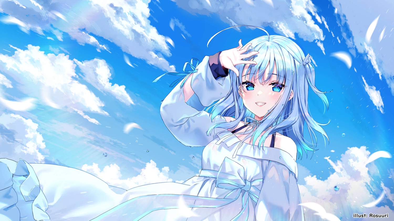 aliasing, amatsuka_uto, aqua_eyes, aqua_hair, blush, clouds, dress, feathers, rosuuri, sky, voice-ore, watermark