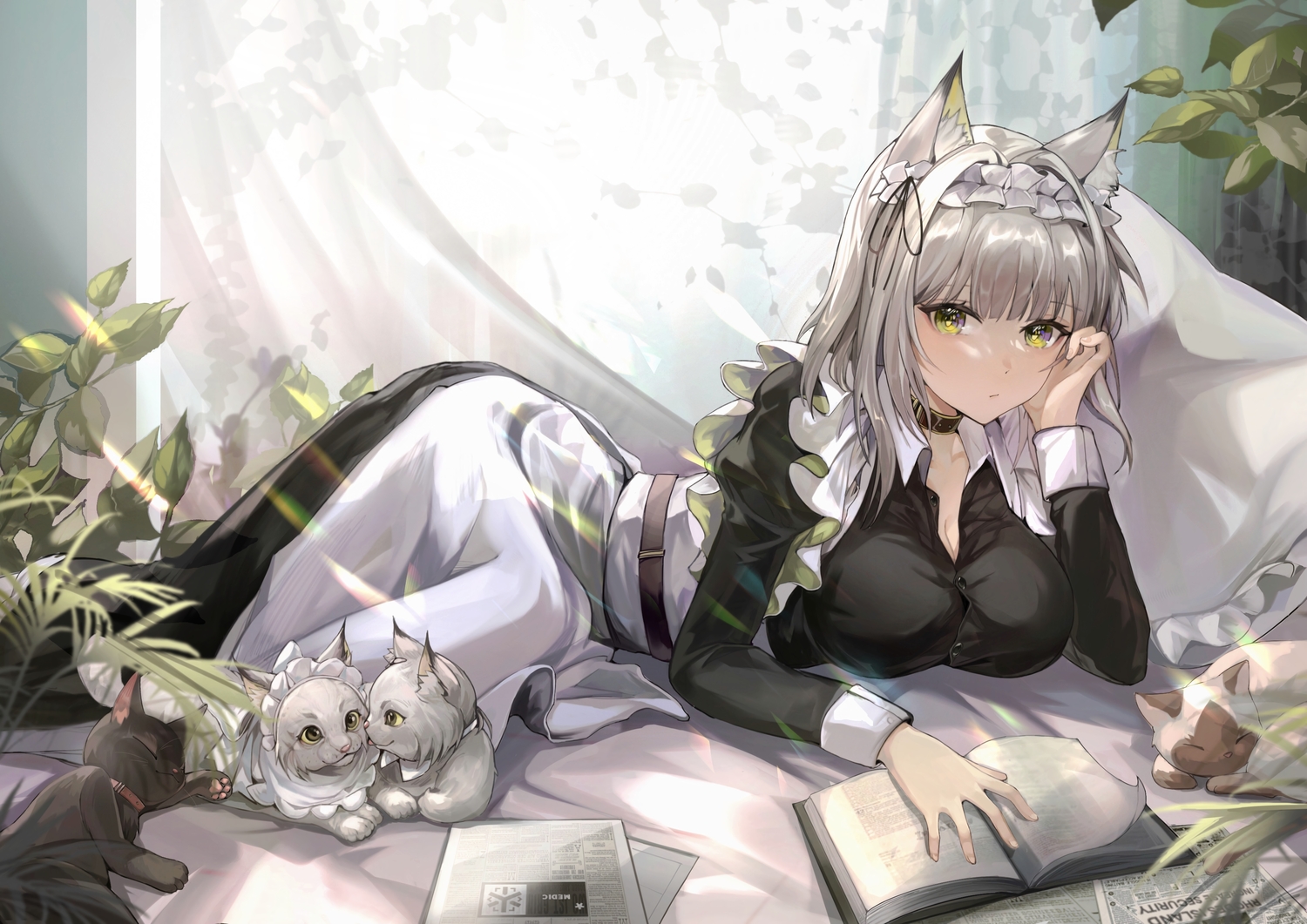 animal, animal_ears, apron, arknights, bed, book, breasts, cat, catgirl, cleavage, collar, gray_hair, green_eyes, headband, kal'tsit_(arknights), maid, shirt, tabayashi