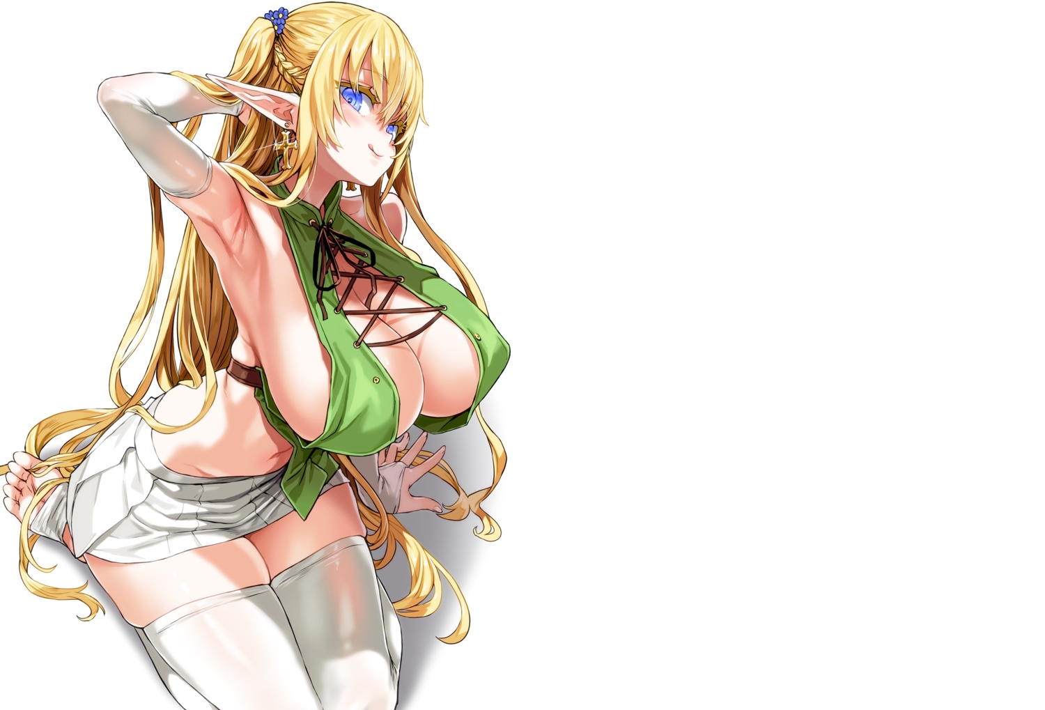 asanagi, blonde_hair, blue_eyes, braids, breasts, cleavage, cross, elbow_gloves, gloves, long_hair, navel, original, pointed_ears, sideboob, skirt, sylvia_(asanagi), thighhighs, twintails, white