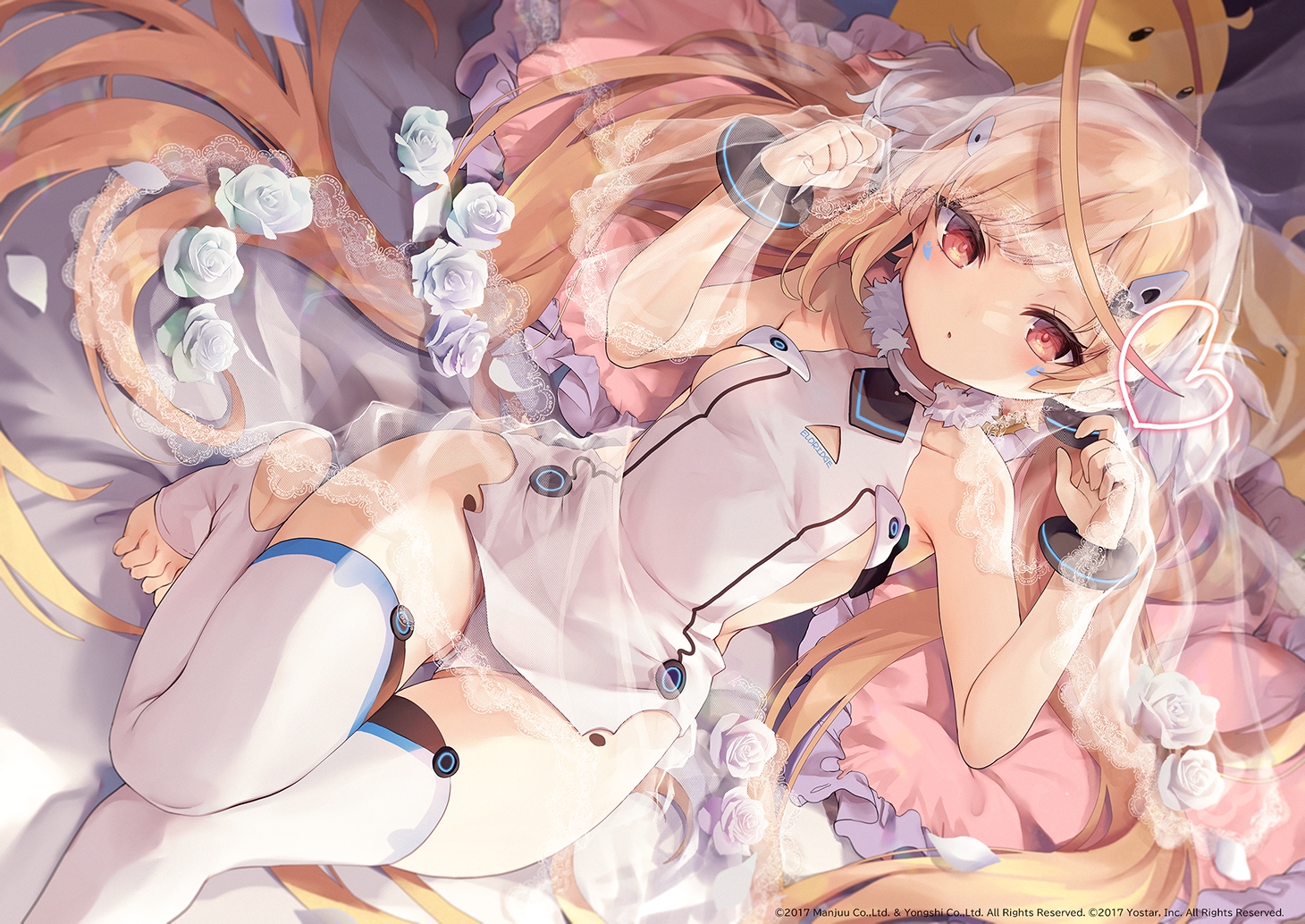 anthropomorphism, azur_lane, barefoot, bed, blonde_hair, breasts, dress, eldridge_(azur_lane), flowers, headdress, kedama_milk, leotard, long_hair, manjuu_(azur_lane), no_bra, red_eyes, rose, see_through, sideboob, thighhighs, twintails, wristwear, zettai_ryouiki