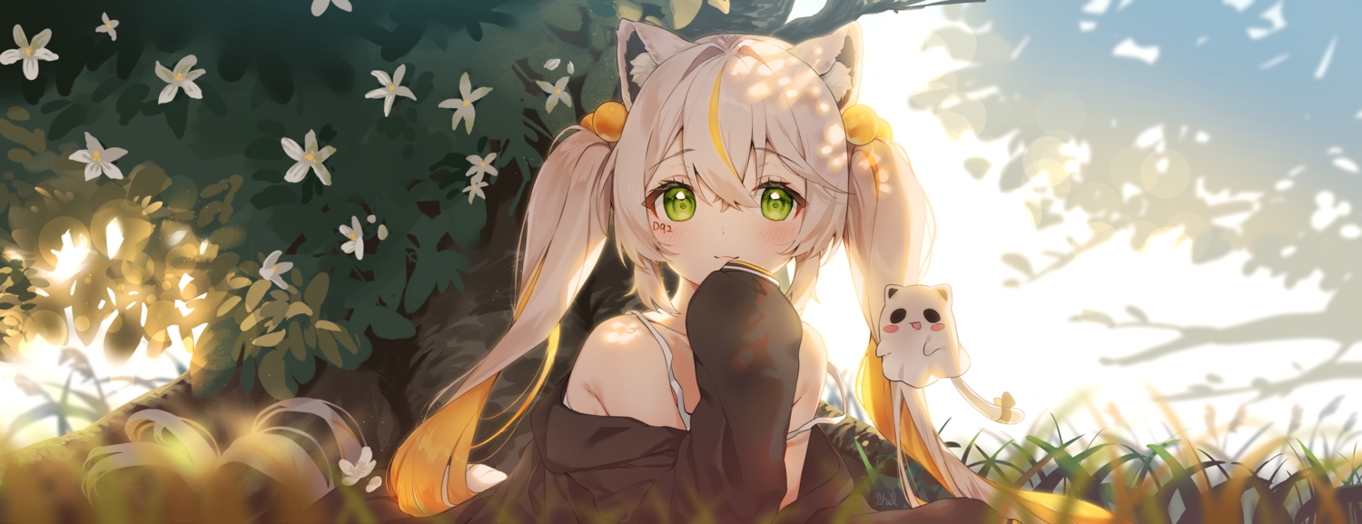 animal_ears, catgirl, cheli_(kso1564), dan_gyuri, flowers, grass, green_eyes, long_hair