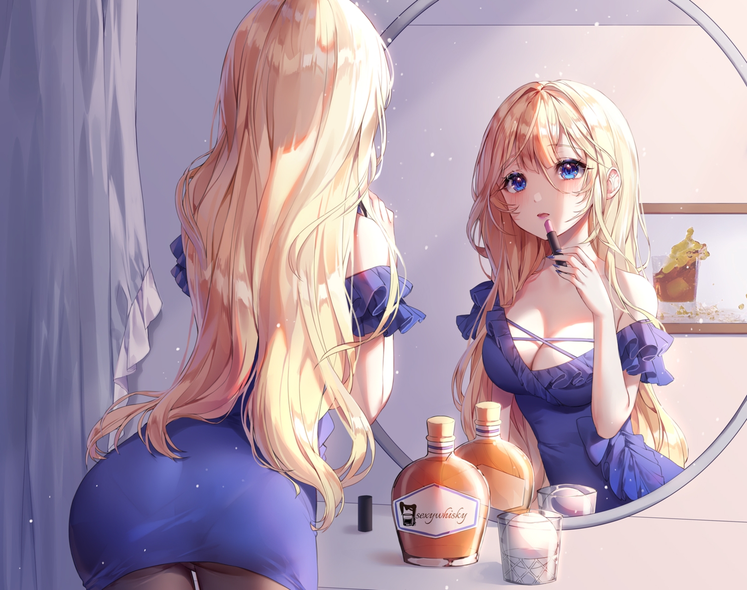 ass, blonde_hair, blue_eyes, cropped, dress, drink, long_hair, mirror, original, pantyhose, reflection, shiro_albino