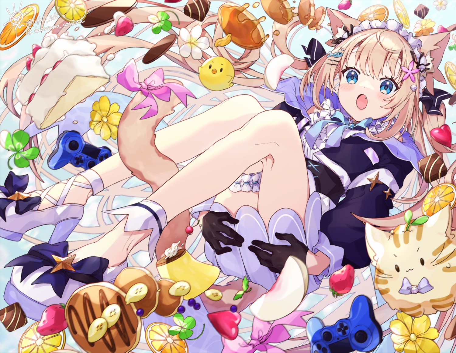 aliasing, animal, animal_ears, aqua_eyes, bird, blush, brown_hair, cake