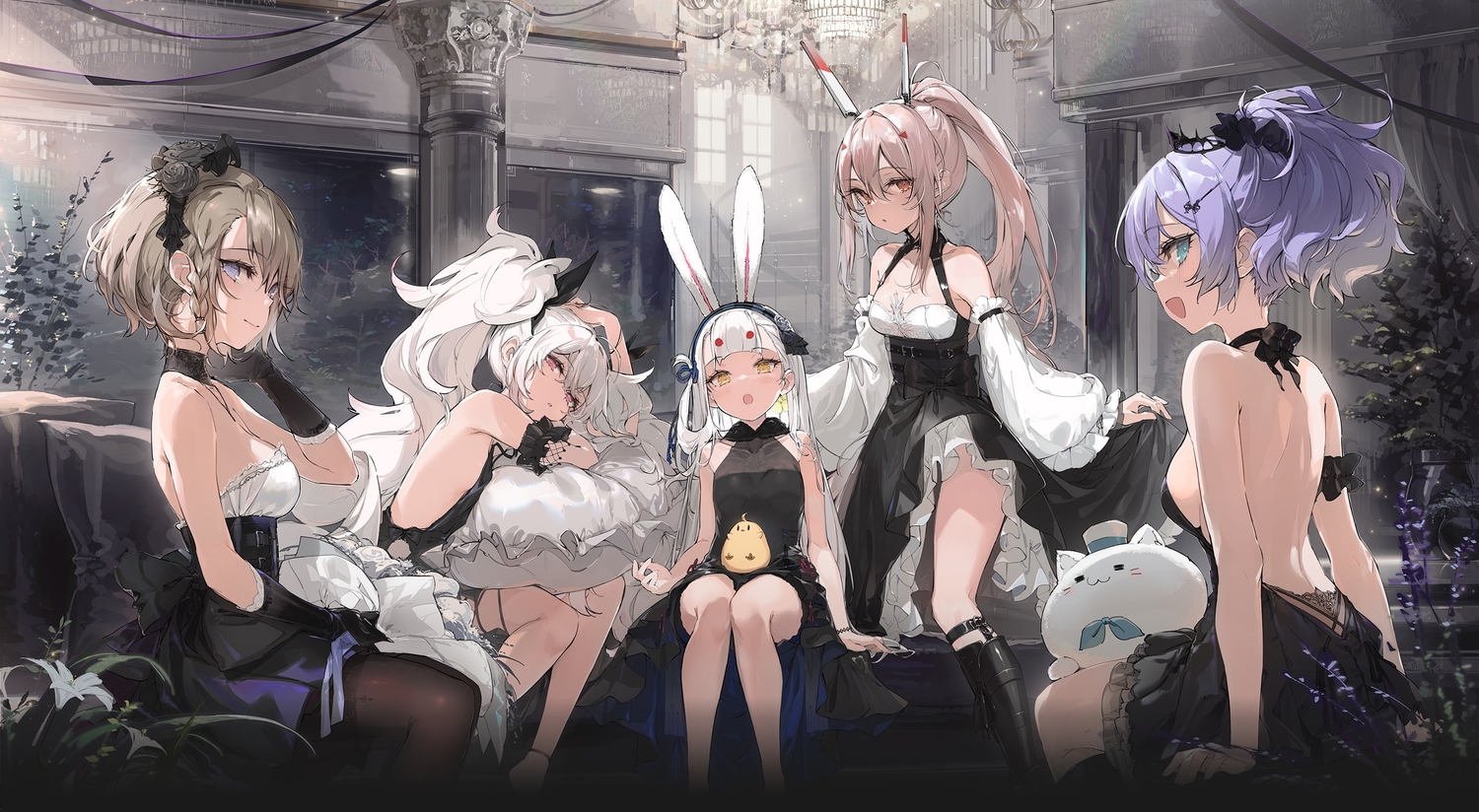 animal, animal_ears, anthropomorphism, ayanami_(azur_lane), azur_lane, bird, braids, brown_hair, bunny_ears, bunnygirl, dress, flat_chest, javelin_(azur_lane), kinven, laffey_(azur_lane), long_hair, manjuu_(azur_lane), no_bra, pantyhose, ponytail, purple_eyes, purple_hair, red_eyes, shimakaze_(azur_lane), twintails, white_hair, z23_(azur_lane)