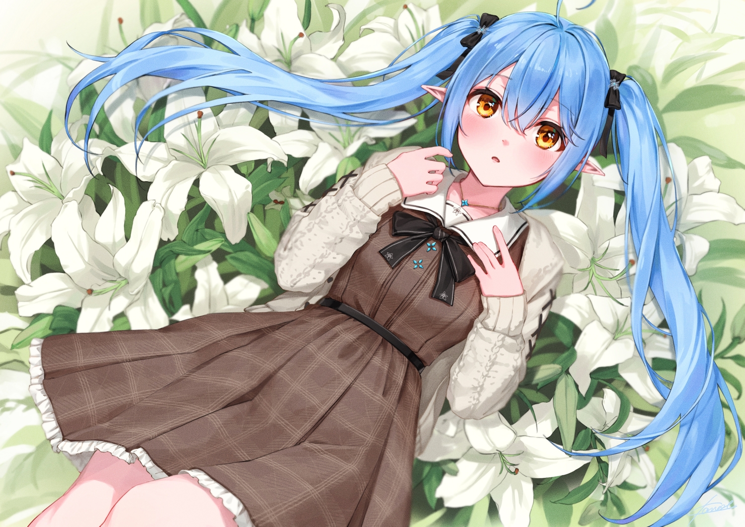 aqua_hair, blush, bow, dress, flowers, hololive, kanoe_(tatsukanoe), leaves, long_hair, necklace, pointed_ears, twintails, yellow_eyes, yukihana_lamy