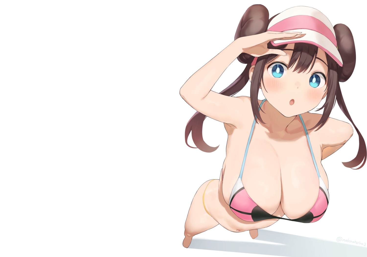 aqua_eyes, barefoot, bikini, blush, breasts, brown_hair, cleavage, hat