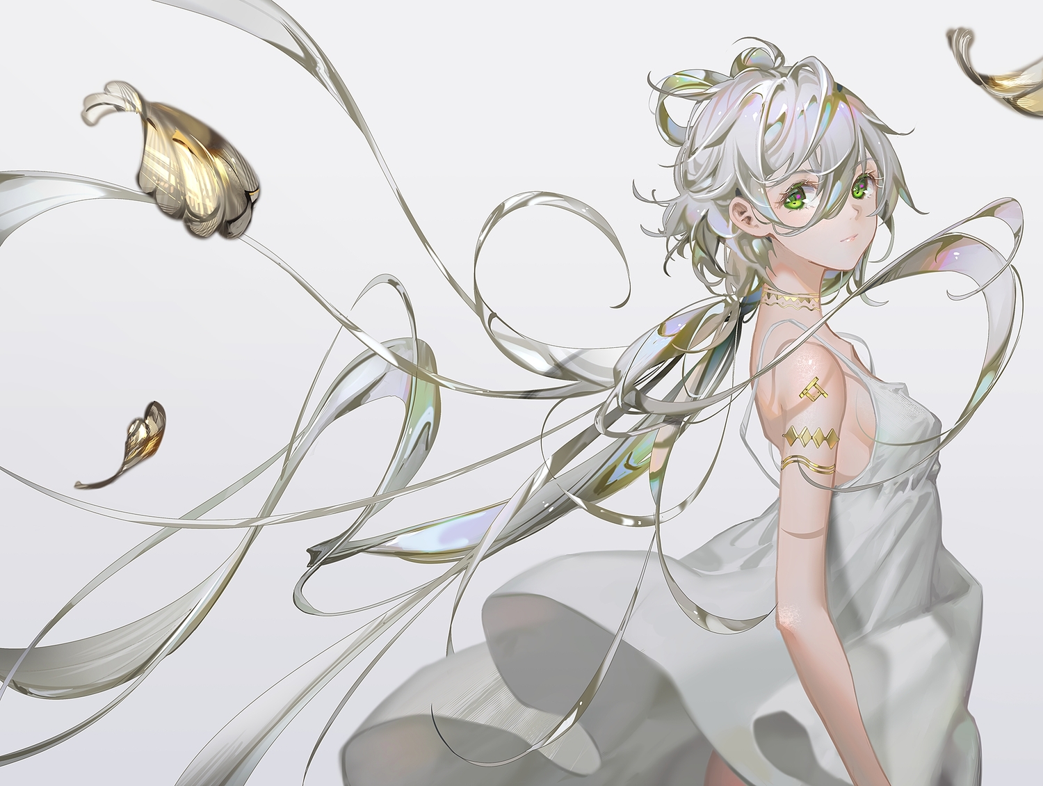 choker, dress, gray, gray_hair, green_eyes, long_hair, luo_tianyi, no_bra