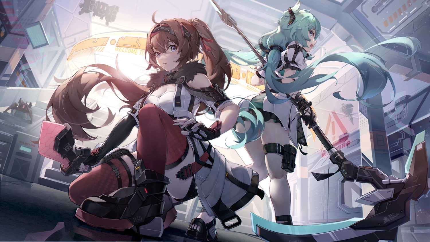 2girls, aqua_hair, asc11, brown_hair, gloves, gray_eyes, knife, long_hair